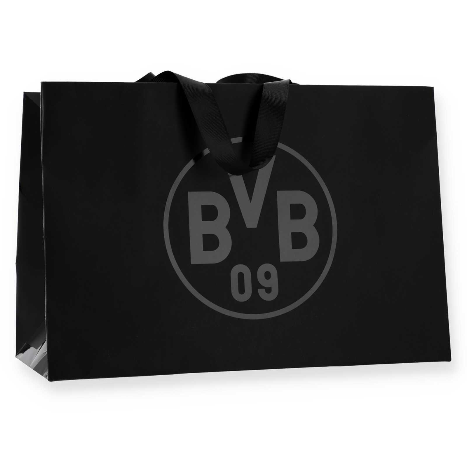 Vorderansicht der schwarzen BVB-Geschenktüte mit BVB-Logo und Henkel zum tragen.