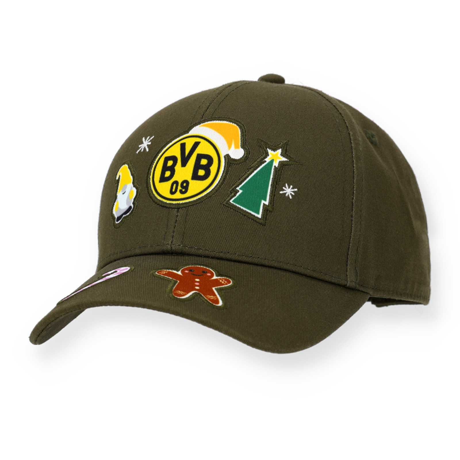 Vorderansicht der dunkelgrünen BVB Kappe mit versch. weihnachtlichen Stickern.