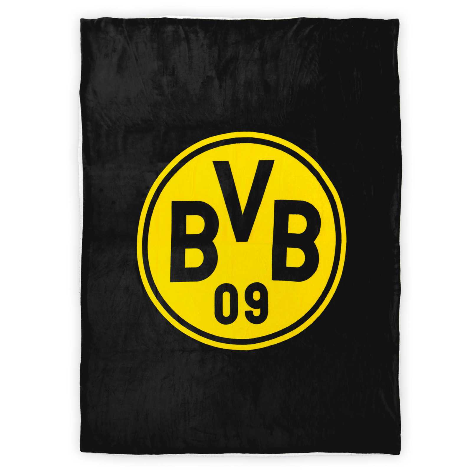 Vorderansicht der ausgebreiteten, schwarzen Decke mit großem schwarzgelben BVB-Logo in der Mitte