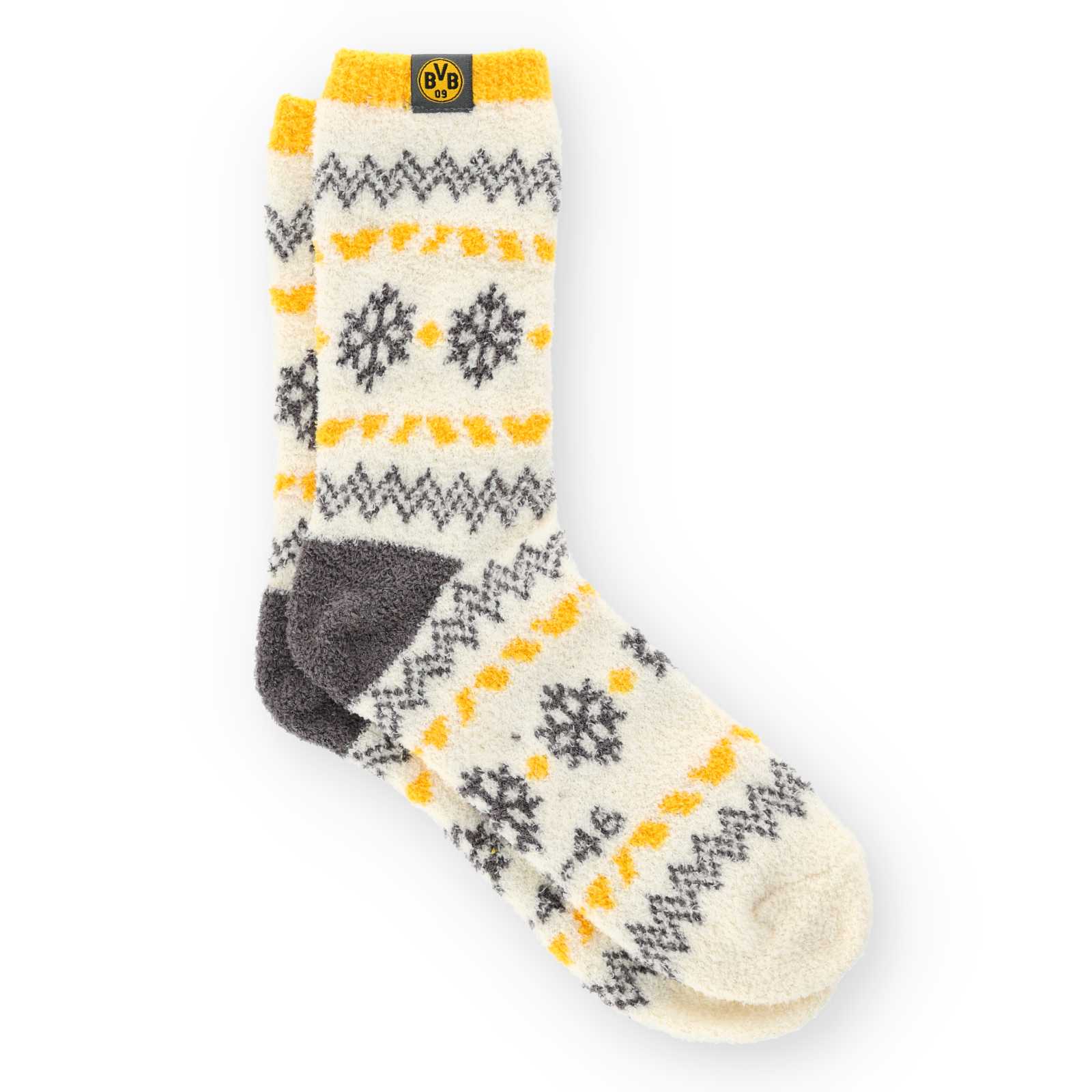Seitenansicht der weißen BVB Socken mit norweger-Muster.