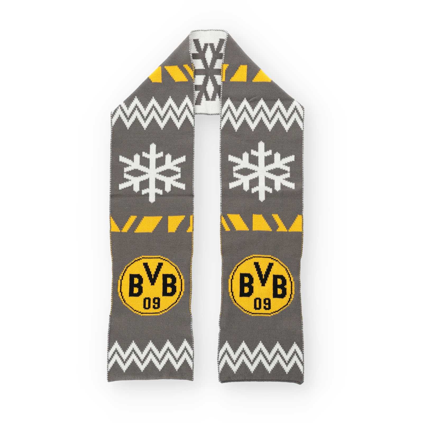 Vorderansicht des grauen BVB Schals mit norweger-Muster.