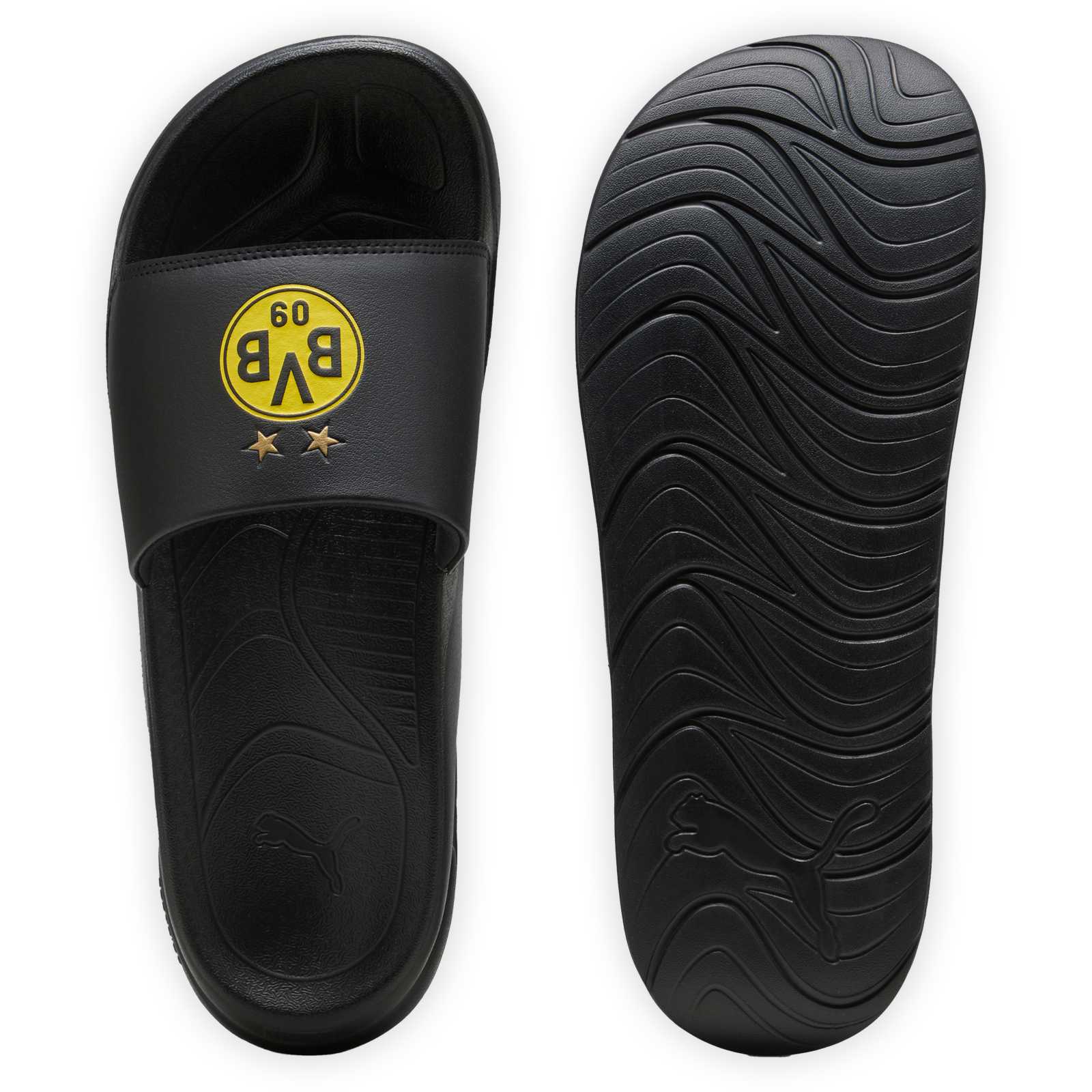 Schwarze BVB Badeschlappen aus der Vogelperspektive. Eine zeigt die Sohle und die andere zeigt die Vorderseite mit gelbem BVB-Logo.
