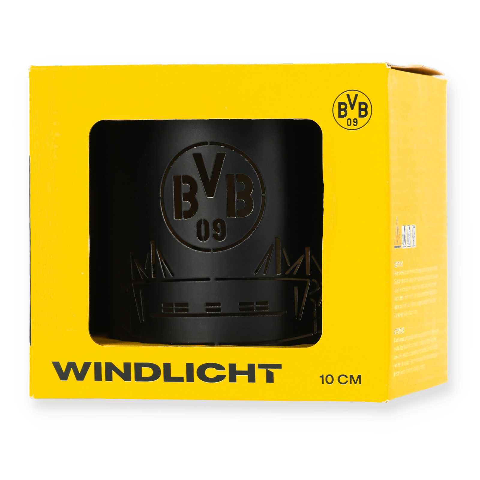 Schwarzes BVB Windlicht von vorne in der gelben Verpackung.