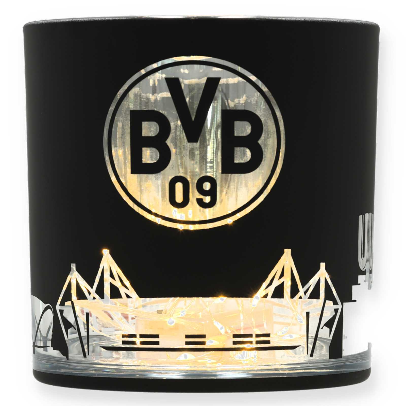 Vorderansicht des schwarzen Windlichts mit Kerze im Innern. BVB-Emblem und Stadion-Silhouette sind von der Färbung ausgespart und leuchten dadurch.