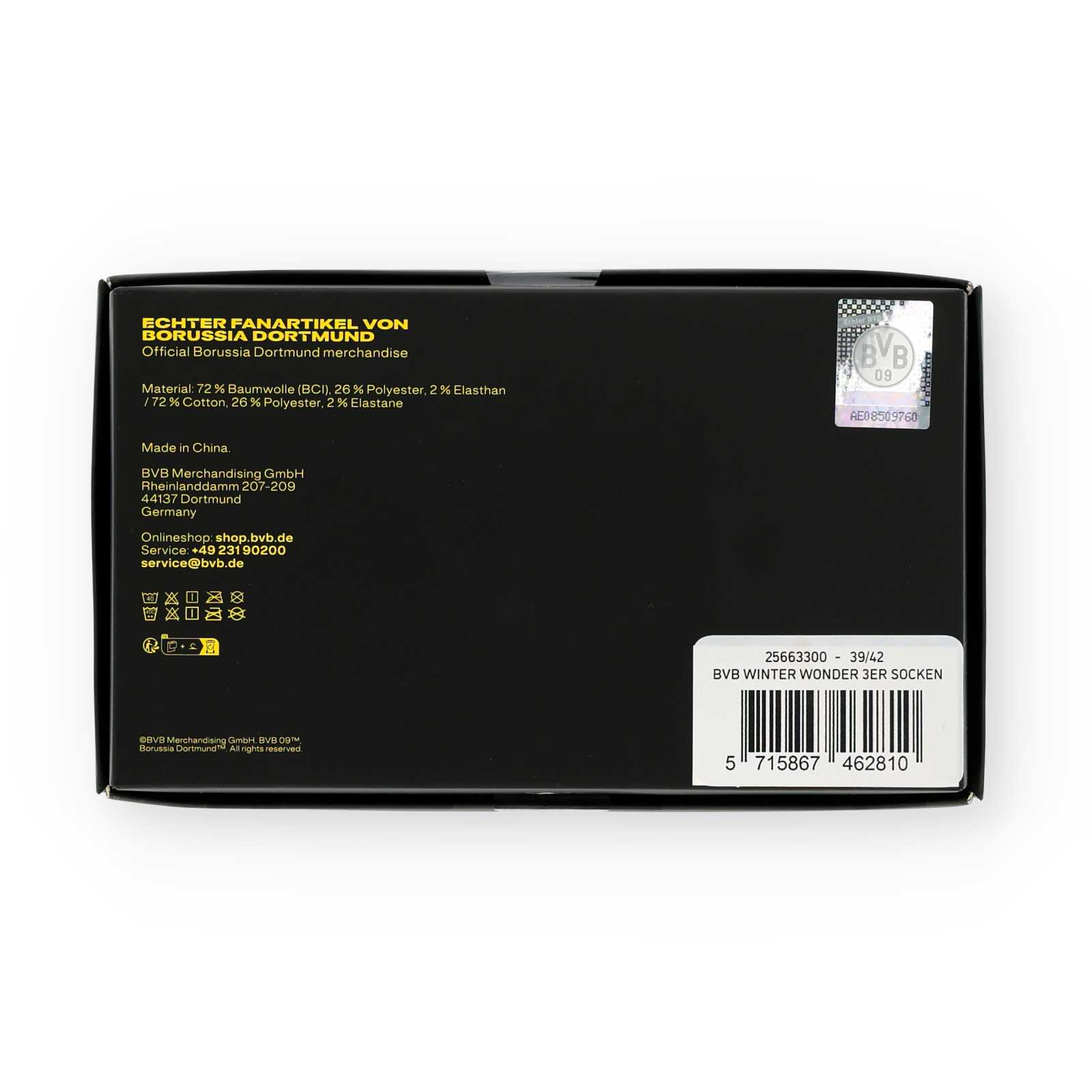 Die Rückseite der schwarzen Verpackung mit Hersteller-Informationen