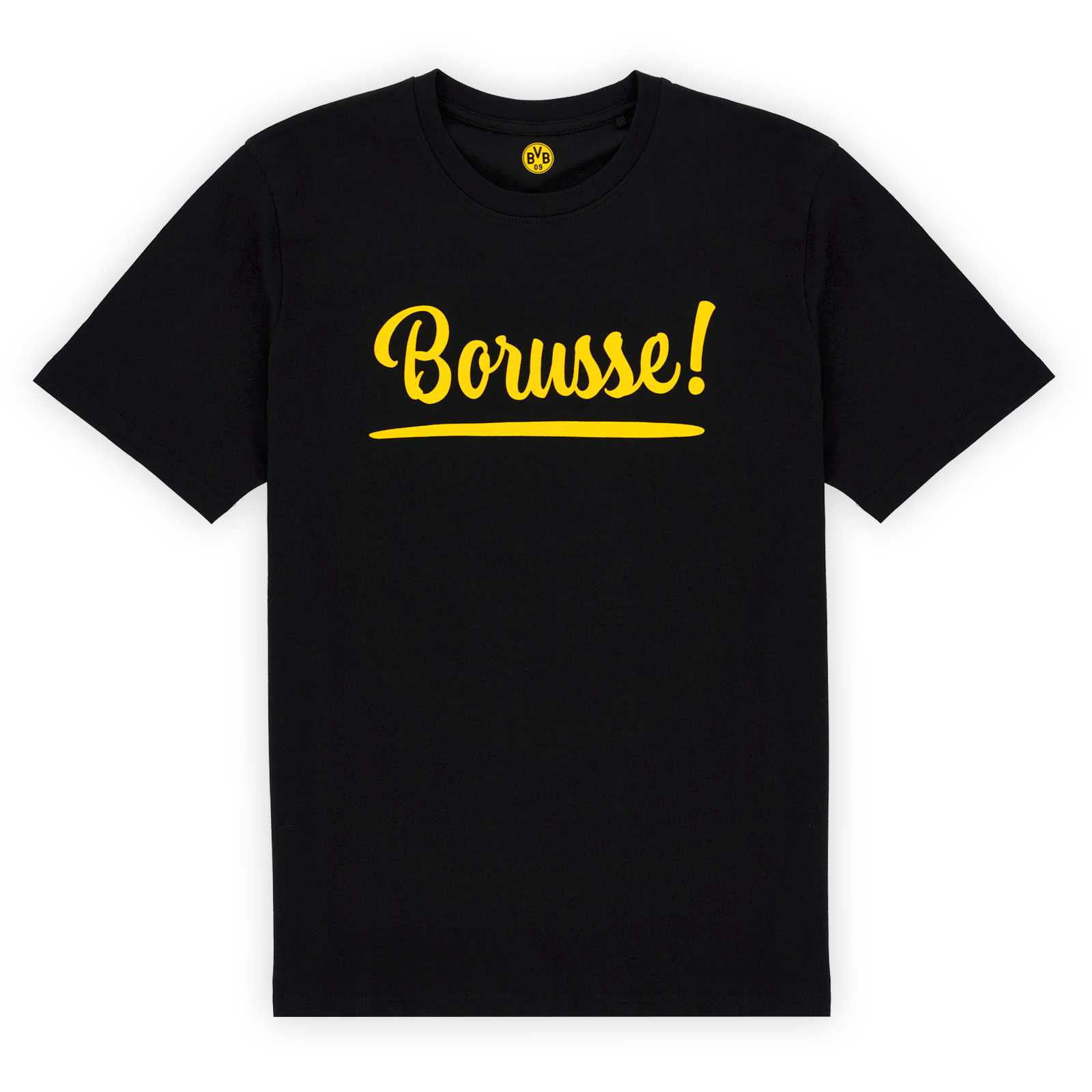 Vorderansicht des schwarzen T-Shirts mit gelbem Borusse!-Schriftzug auf der Brust und BVB-Emblem im Neck-Label