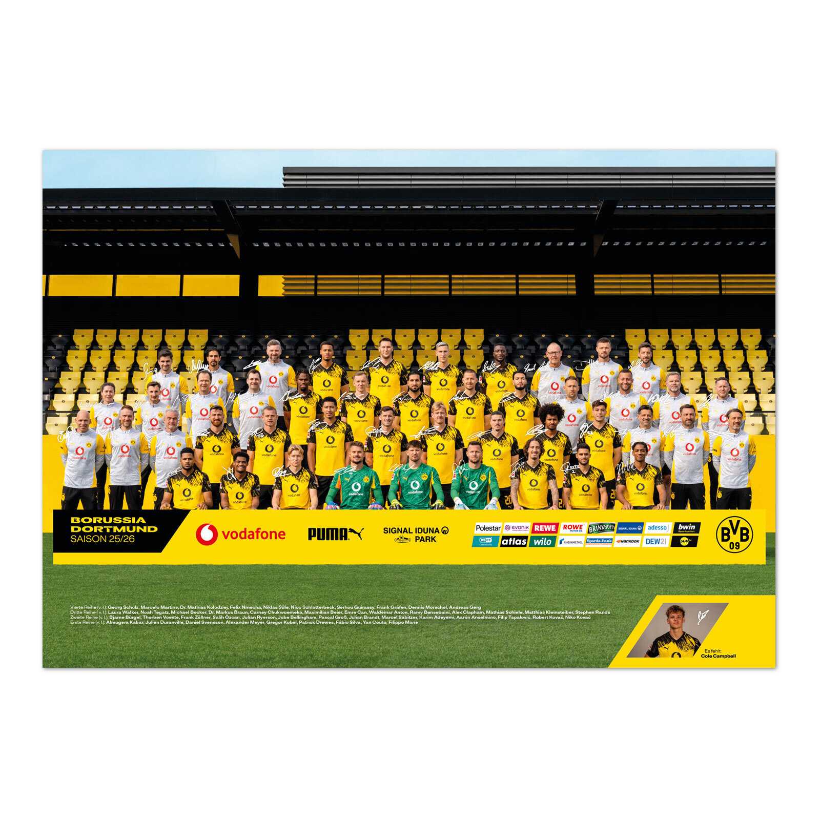 Das BVB-Mannschaftsposter mit den Spielern und dem Staff in drei Reihen aufgestellt. Aufgedruckte Unterschruften in weiß sind an den jeweiligen Spielern angebracht.