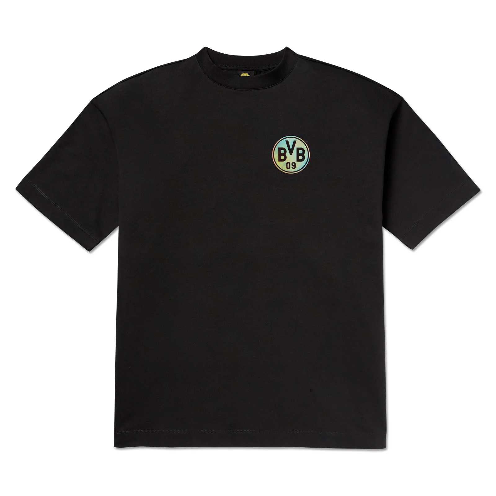 Vorderansicht des schwarzen T-Shirts mit funkelndem BVB-Emblem auf der Brust