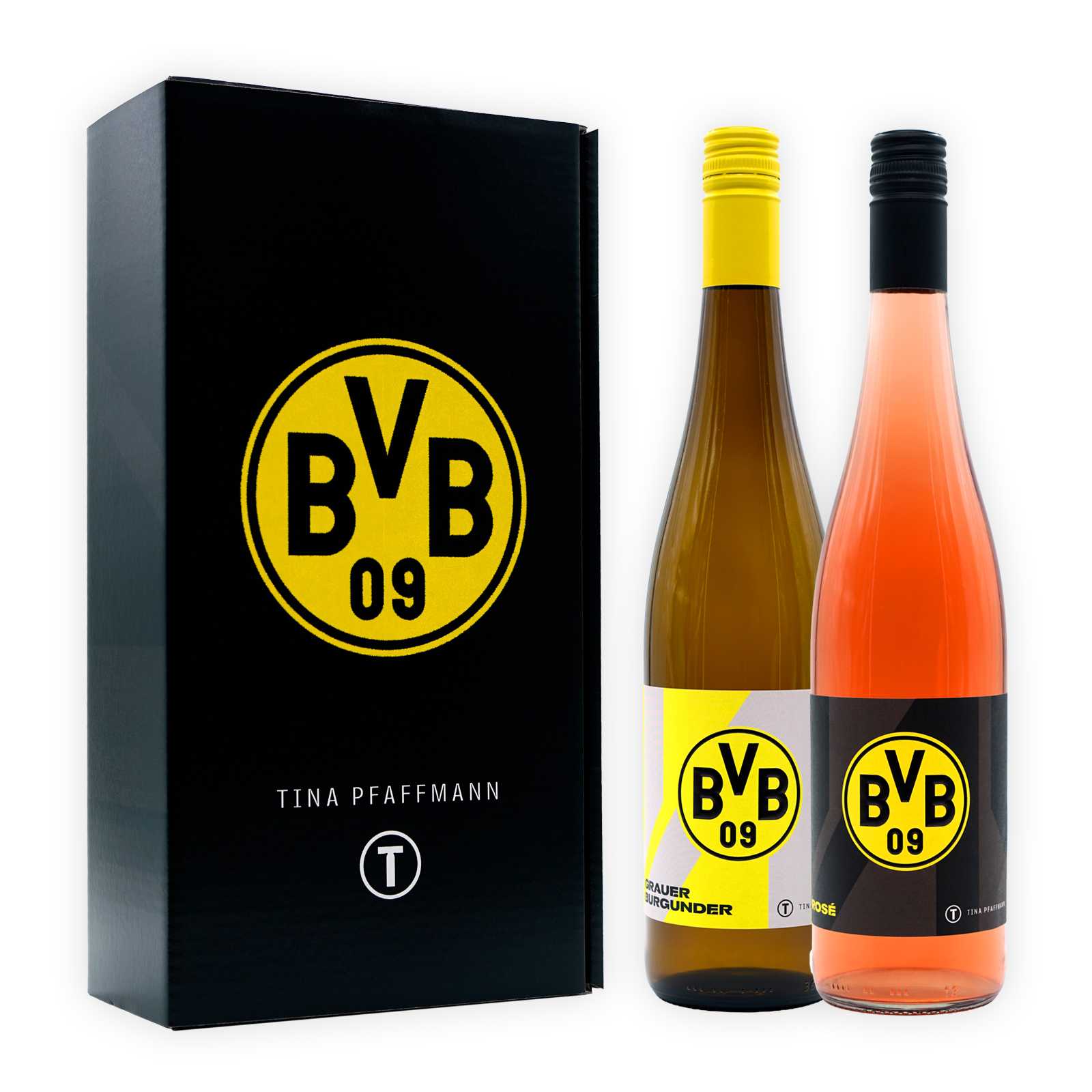 Der Graue Burgunder in brauner Flasche und der Rosé Wein in heller Flasche nebeneinander, jeweils mit einem Etikett mit BVB-Emblem zusammen mit der schwarzen Geschenkbox