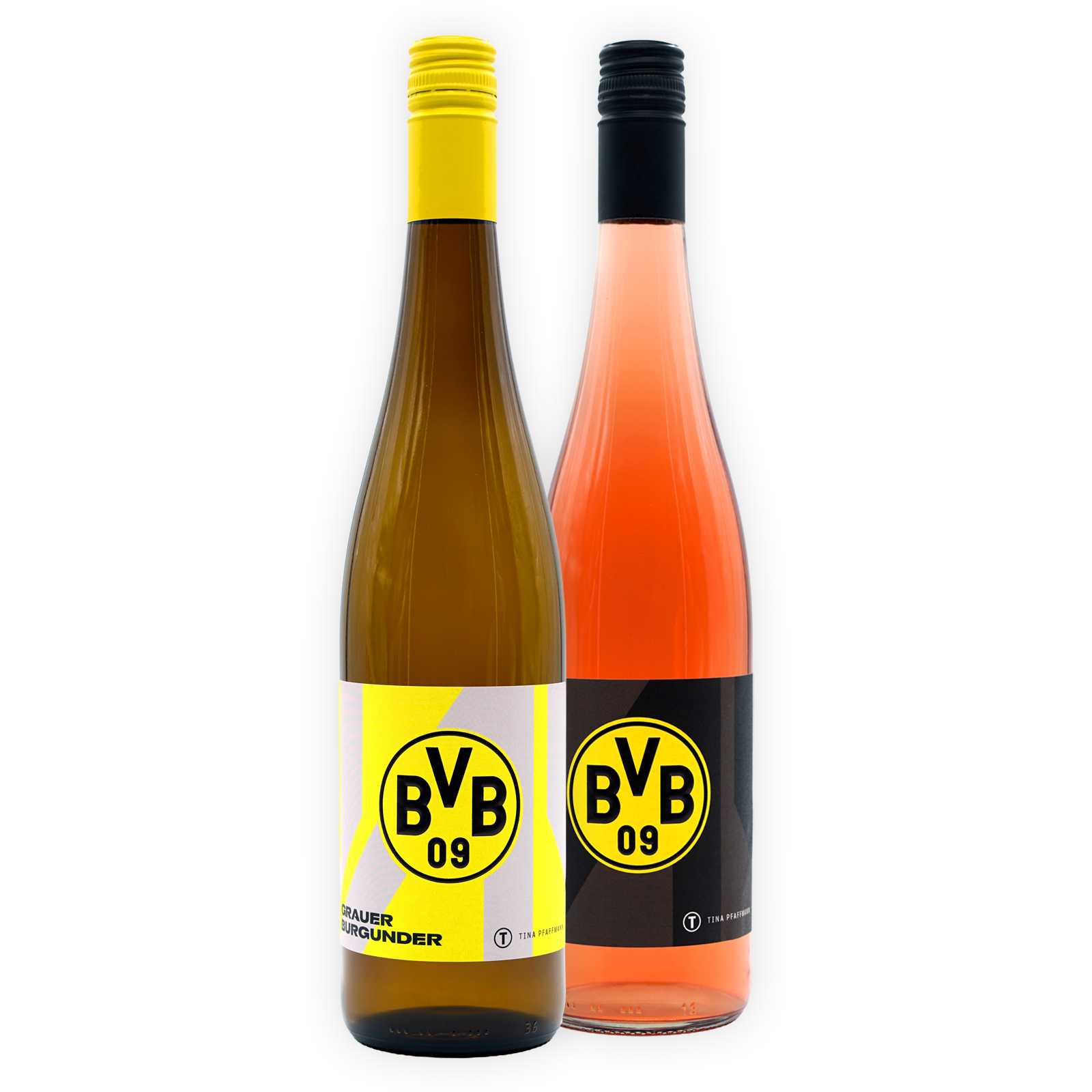 Der Graue Burgunder in brauner Flasche und der Rosé Wein in heller Flasche nebeneinander, jeweils mit einem Etikett mit BVB-Emblem