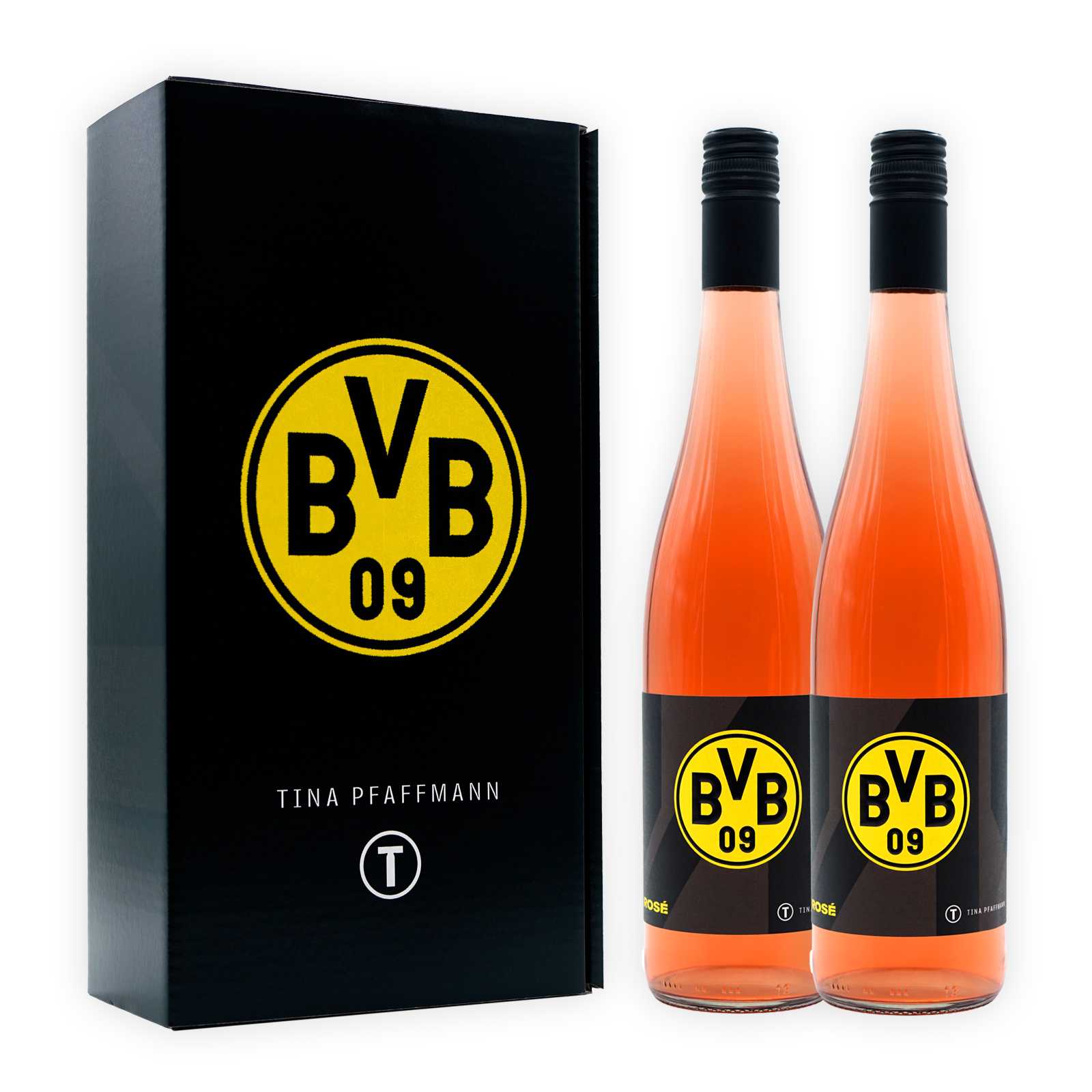 Zwei Flaschen Rosé Wein nebeneinander, jeweils mit einem Etikett mit BVB-Emblem zusammen mit der schwarzen Geschenkbox