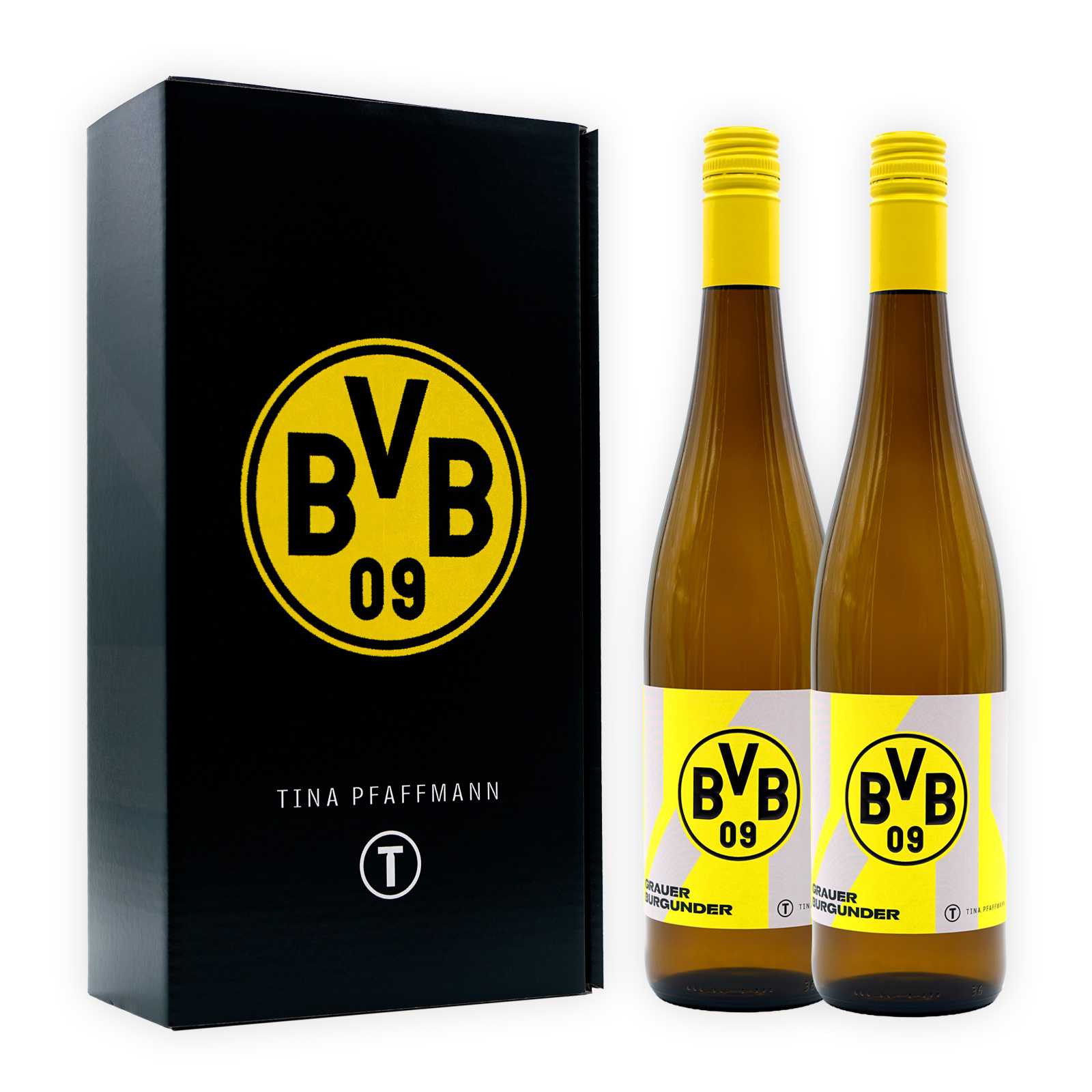 Zwei Flaschen Grauburgunder nebeneinander, jeweils mit einem Etikett mit BVB-Emblem zusammen mit der schwarzen Geschenkbox