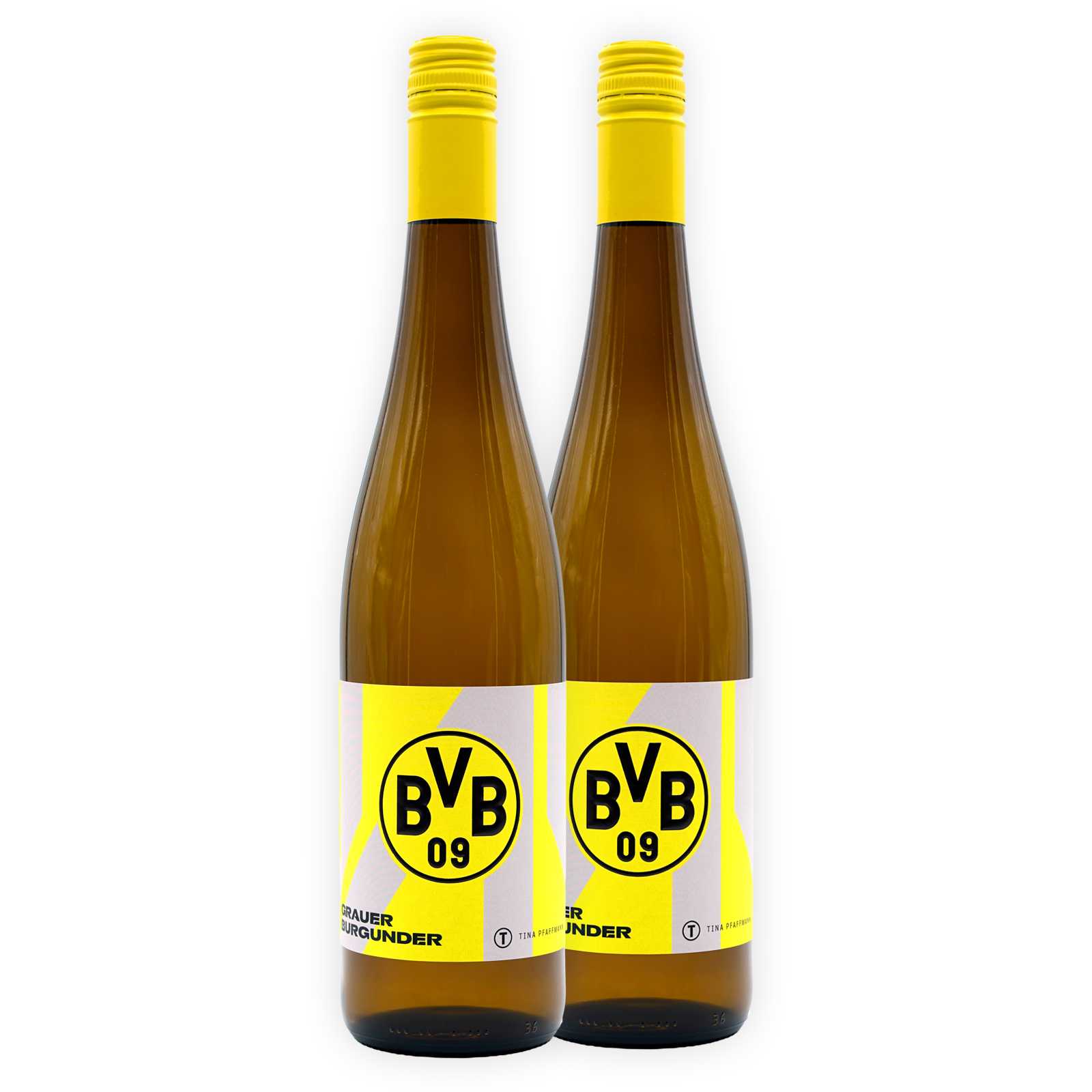 Zwei Flaschen Grauburgunder nebeneinander, jeweils mit einem Etikett mit BVB-Emblem