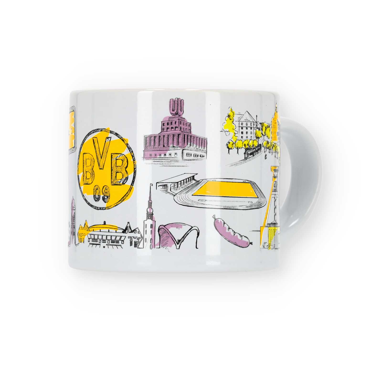Vorderansicht der Panorama-Tasse mit Sehenswürdigkeiten von Dortmund und dem BVB-Emblem, jeweils im Comic-Stil gezeichnet.