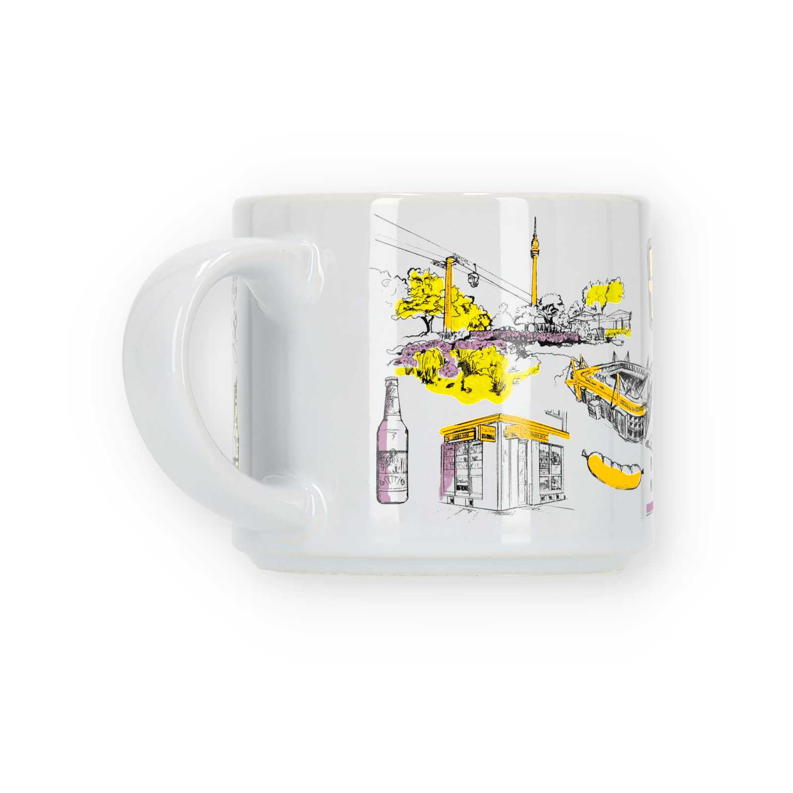 Eine Seitenansicht der Panorama-Tasse mit Sehenswürdigkeiten von Dortmund im Comic-Stil gezeichnet.