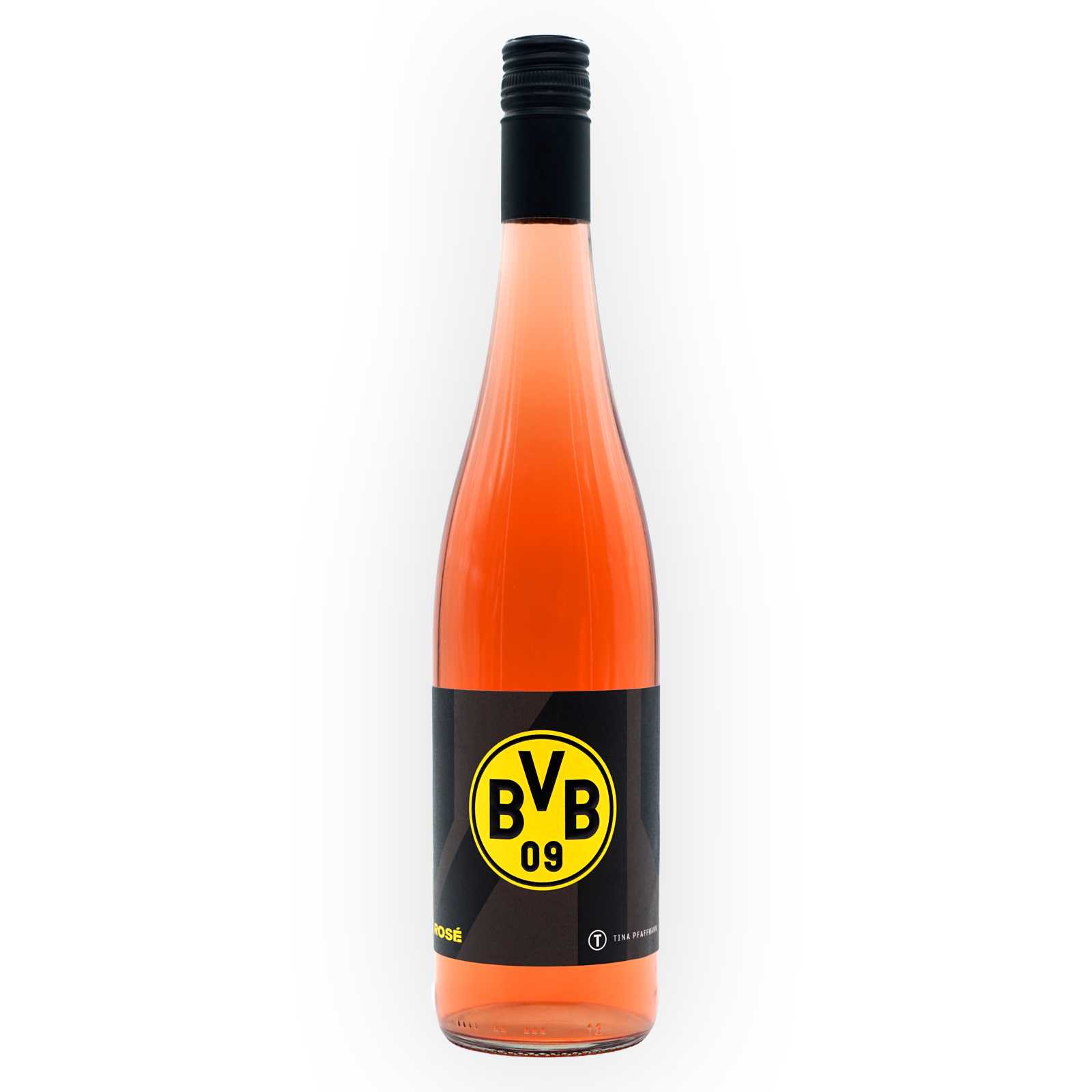 Der Rosé Wein in der hellen Flasche mit einem Etikett mit BVB-Emblem