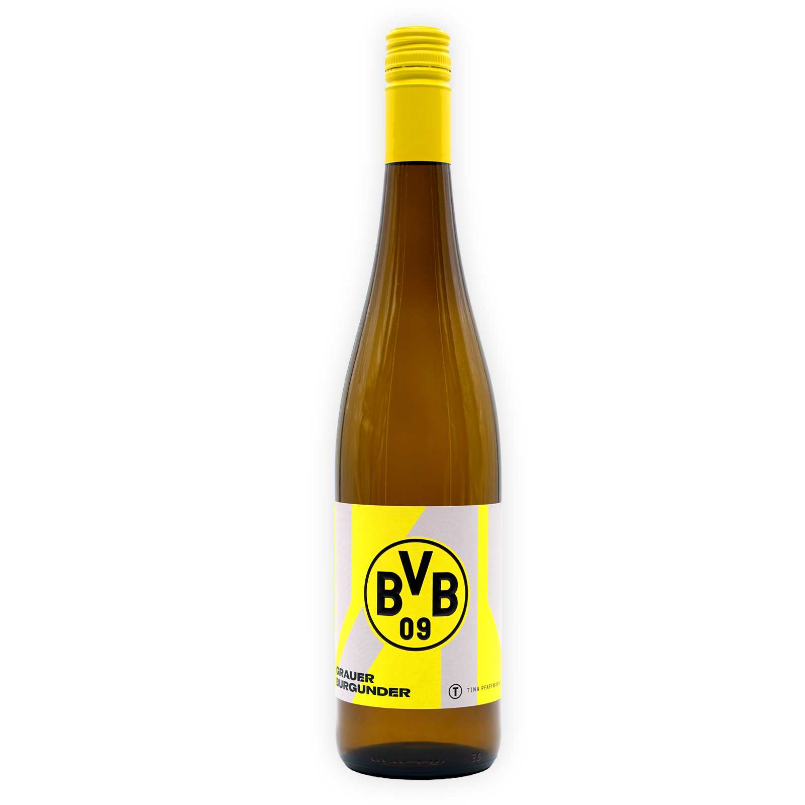 Der Graue Burgunder in der braunen Flasche mit einem Etikett mit BVB-Emblem