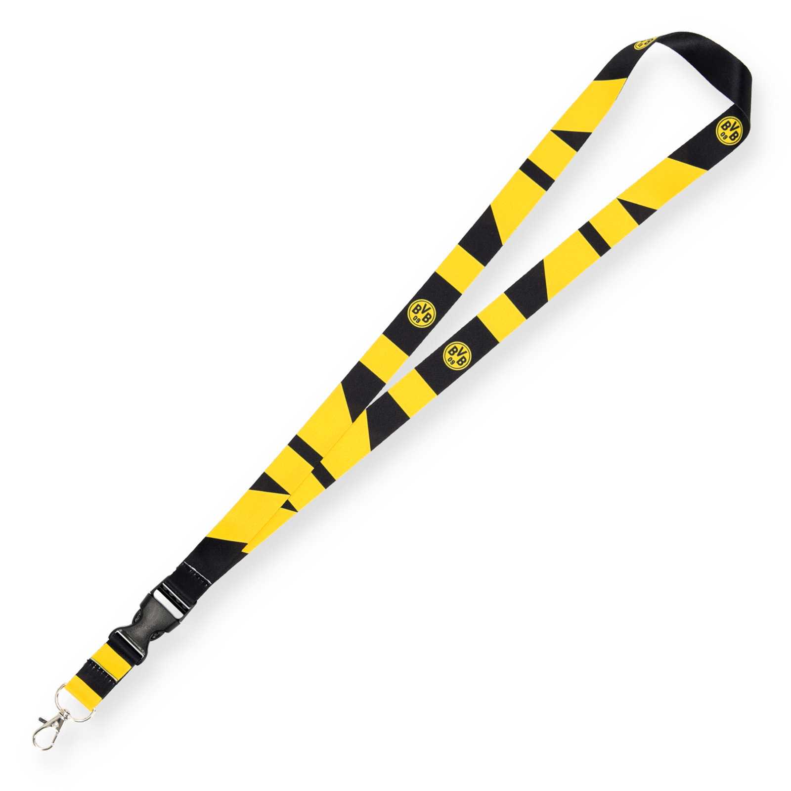 Das schwarzgelbe Schlüsselband im aktuellen BVB-Design mit zwei Emblemen auf den Bändern