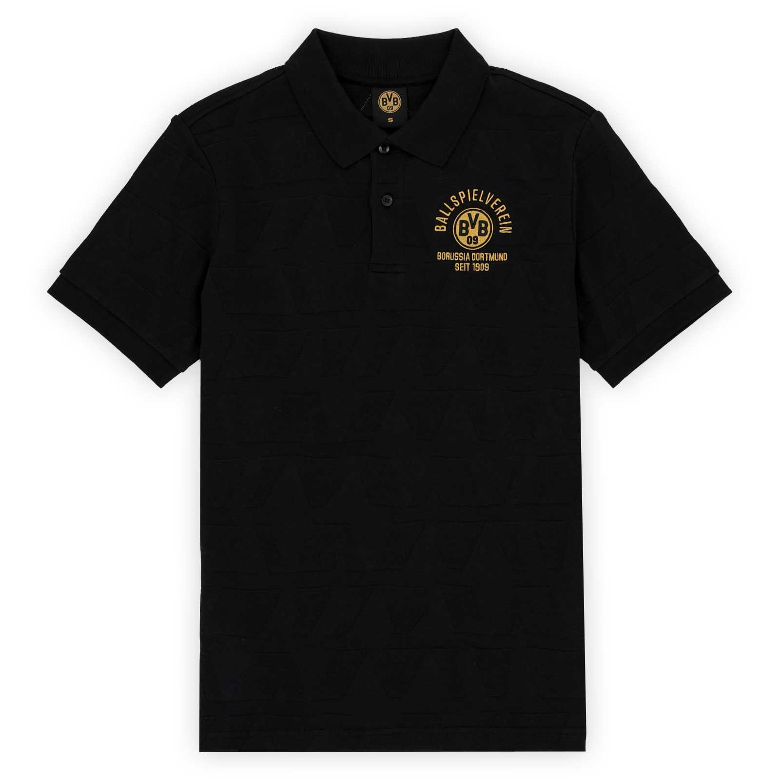 Vorderansicht des schwarzen Polo-Shirts mit goldenem BVB-Emblem auf der Brust, umrahmt vom Schriftzug Ballspielverein Borussia Dortmund seit 1909