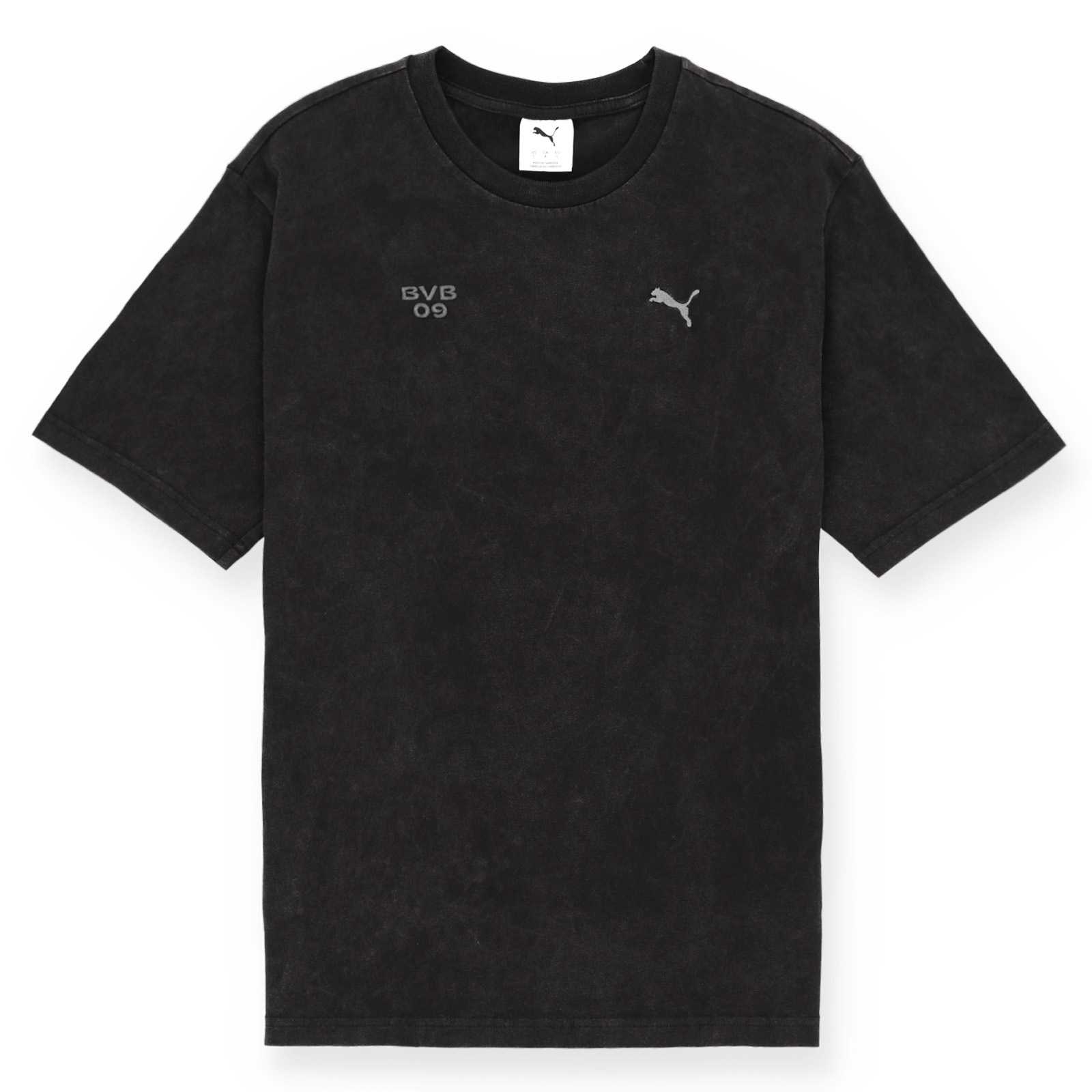 Die Vorderansicht des grau-schwarz melierten Shirts mit grauem BVB-09-Schriftzug und grauer PUMA-Katze auf der Brust.