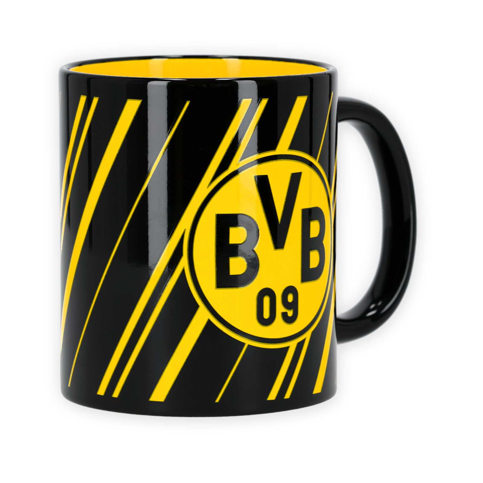 Die Seitenansicht der Tasse mit schwarzgelben Querstreifen und einem BVB-Emblem