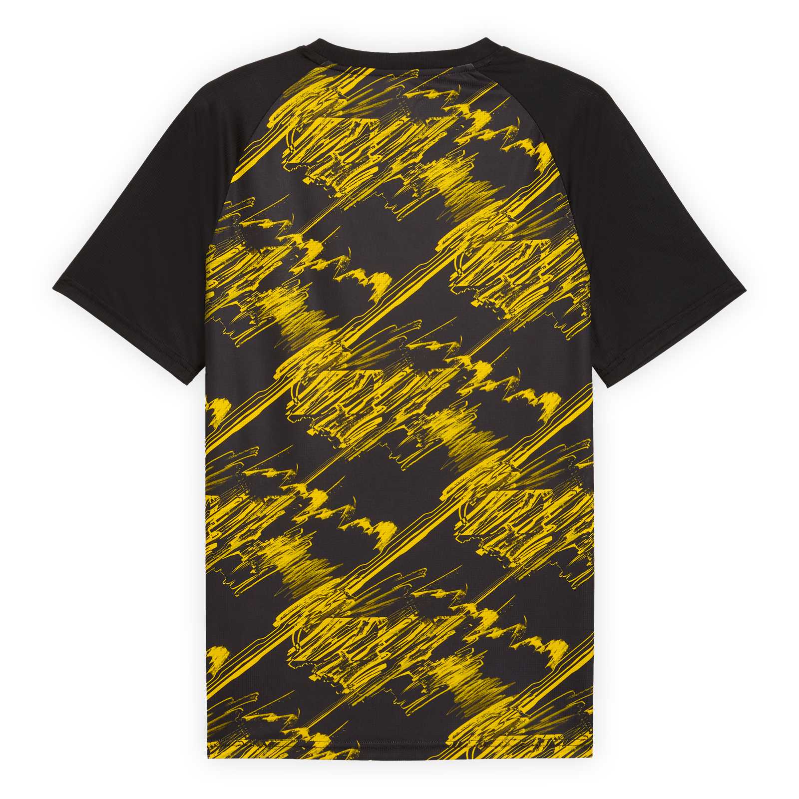 Rückansicht des Shirts mit schwarzen Ärmeln und gelbschwarzem Schraffur-Muster auf dem Körper