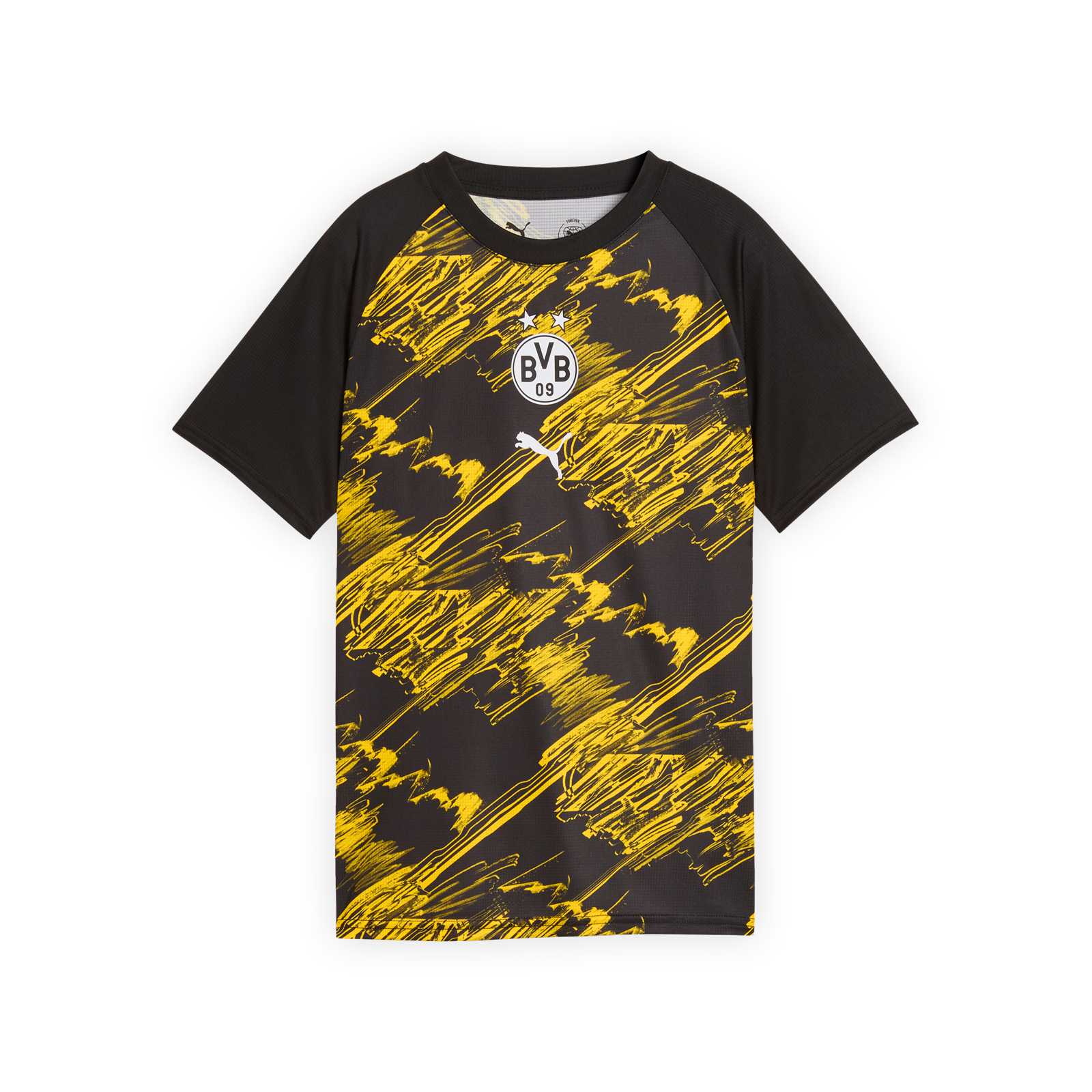 Vorderansicht des Shirts mit schwarzen Ärmeln, gelbschwarzem Schraffur-Muster auf dem Körper und hellem BVB-Emblem und PUMA-Katze auf der Brust.