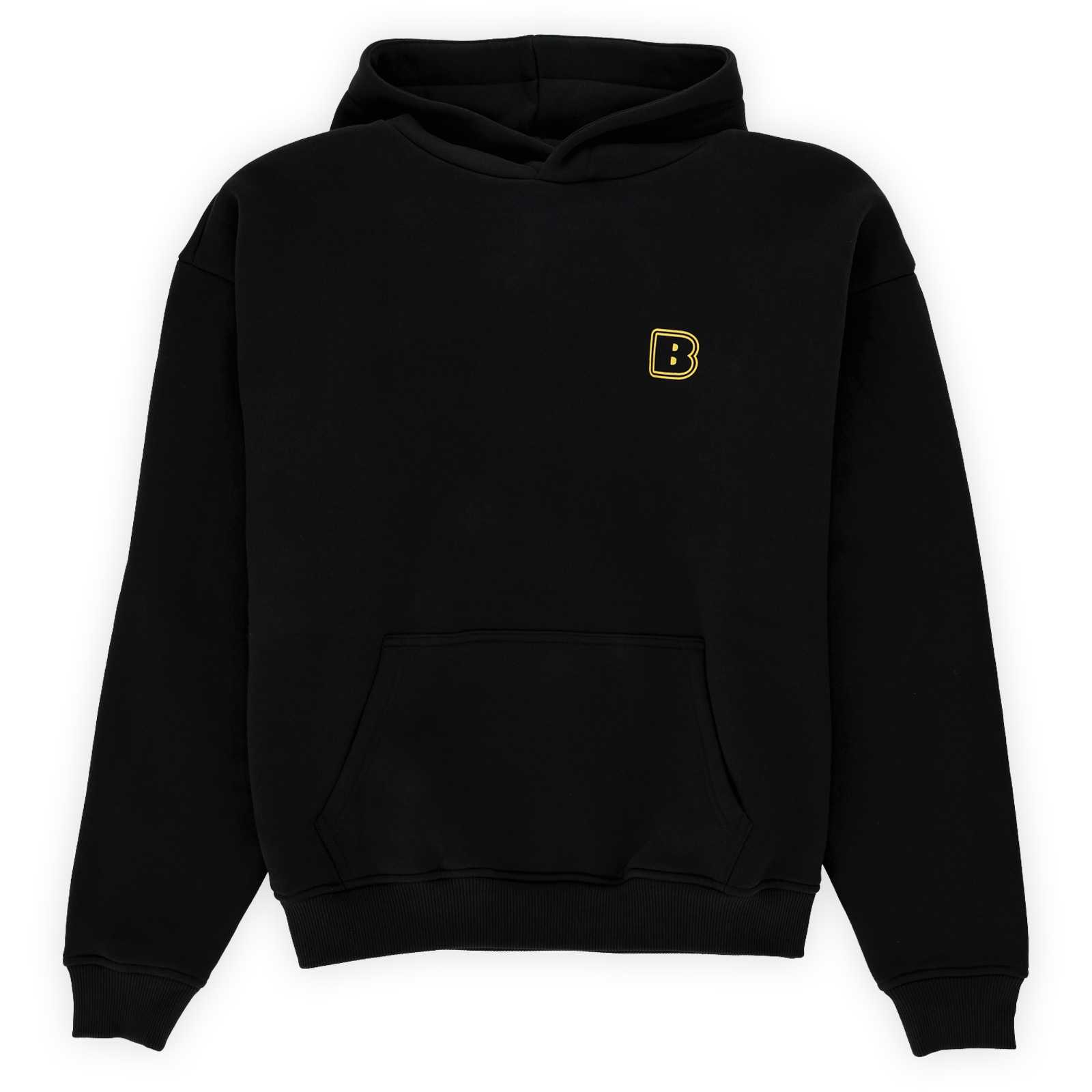 Die Vorderansicht des schwarzen Hoodies mit einem gelb umrandeten B auf der linken Brustseite