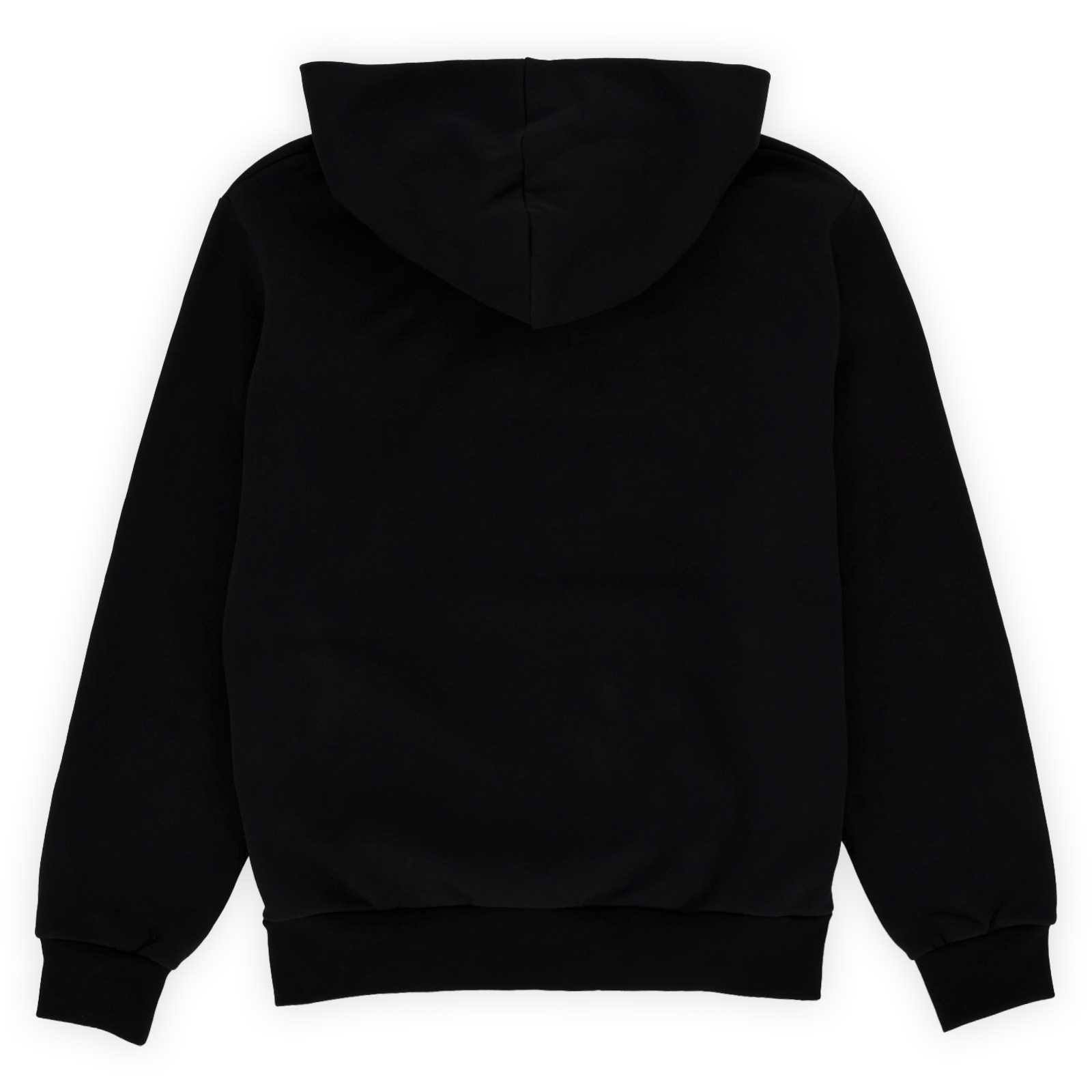 Rückansicht des schwarzen Hoodies.