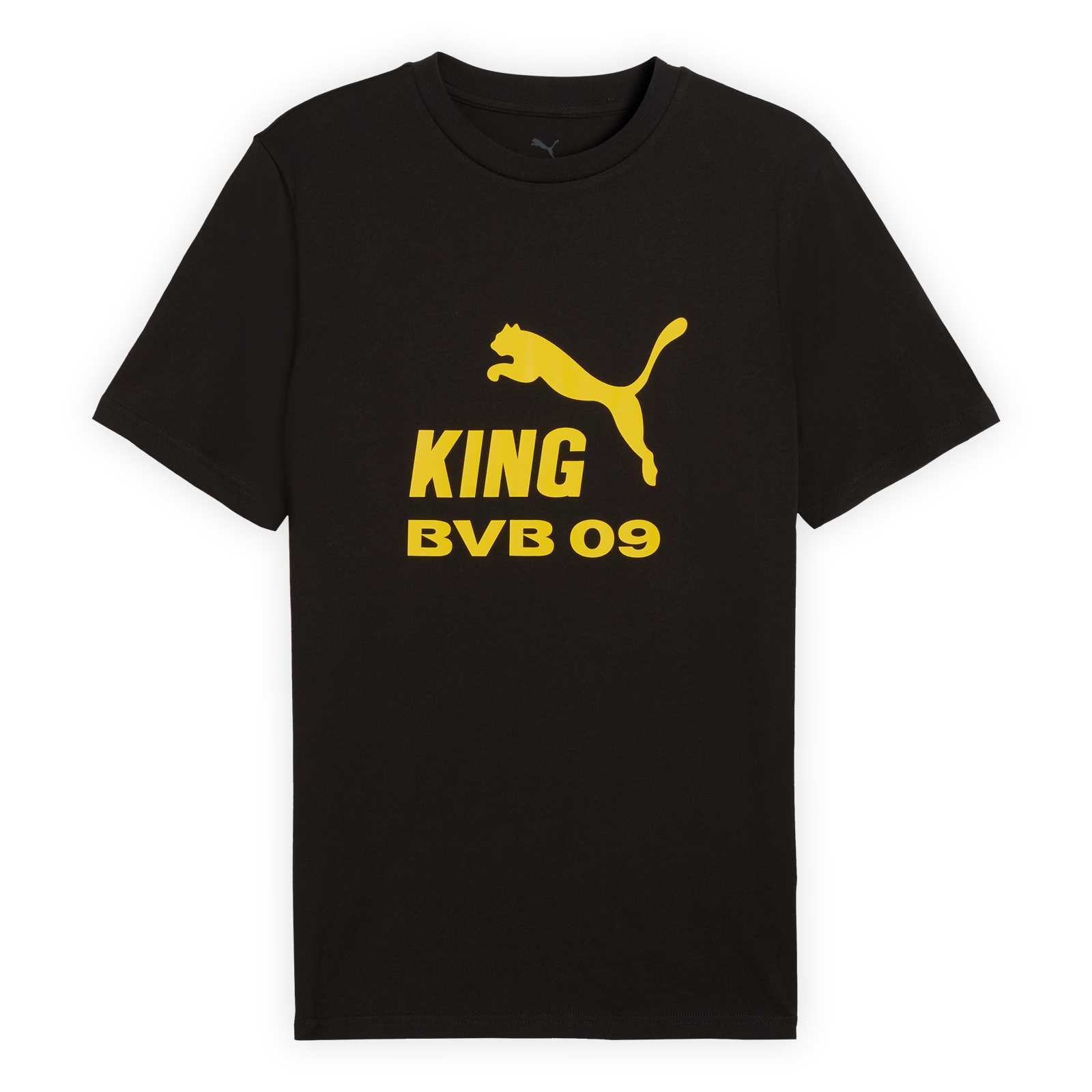 Vorderansicht des schwarzen PUMA Shirts mit großer gelber PUMA Katze und BVB09- sowie King-Schriftzug auf der Brust