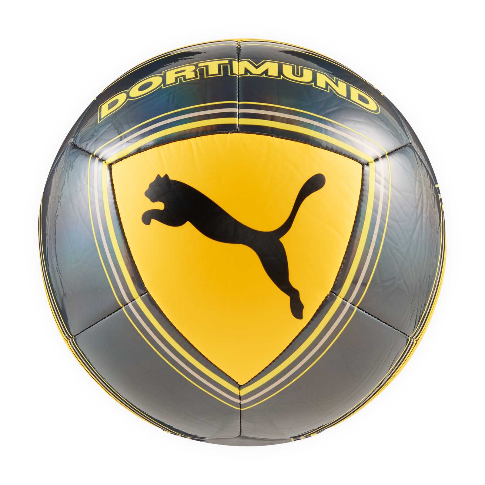 Schwarzer Ball mit gelben Details und PUMA-Logo.