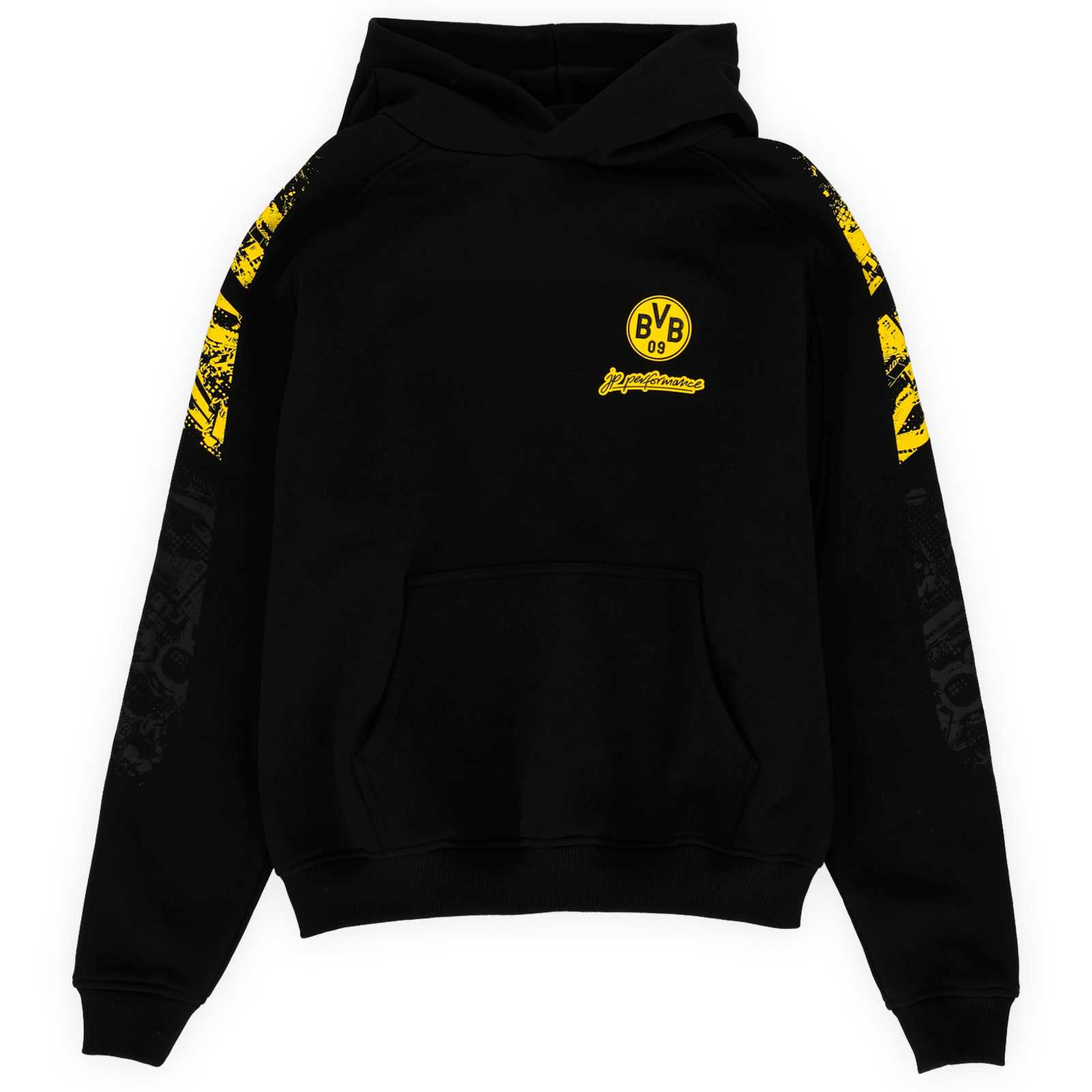 Vorderansicht des schwarze BVB-Hoodies mit Kapuze und BVB-Logo sowie JP Performance Schriftzug auf der Brust und gelben Details an den Schultern.