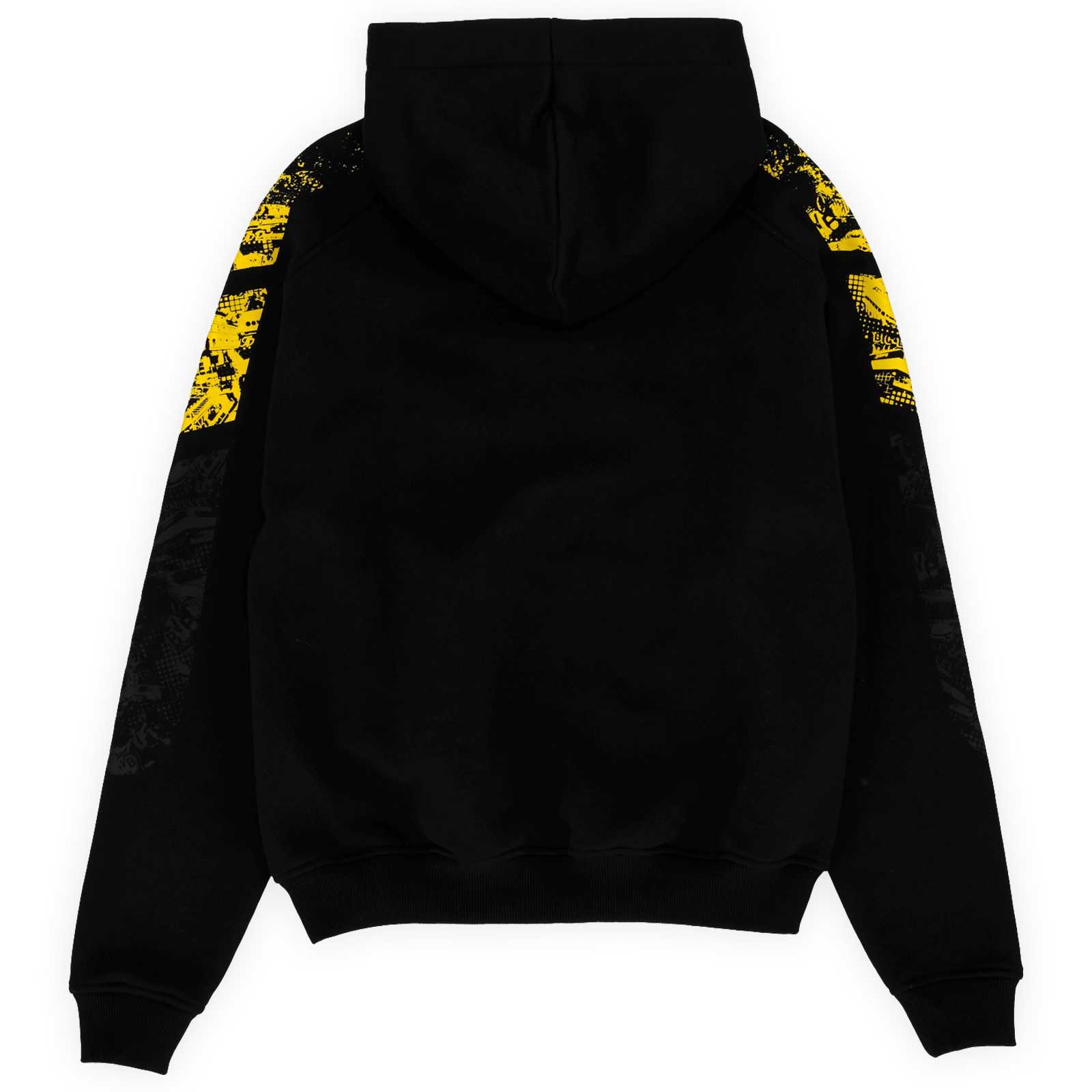 Rückansicht des schwarze BVB-Hoodies mit Kapuze und gelben Details an den Schultern.