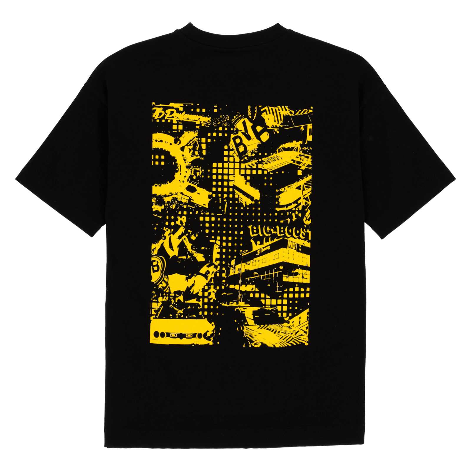 Rückansicht des schwarzen BVB-Shirts. Die Rückseite des Shirts zeigt ein gelbes Bild mit verschiedenen Motiven wie dem BVB-Stadion.