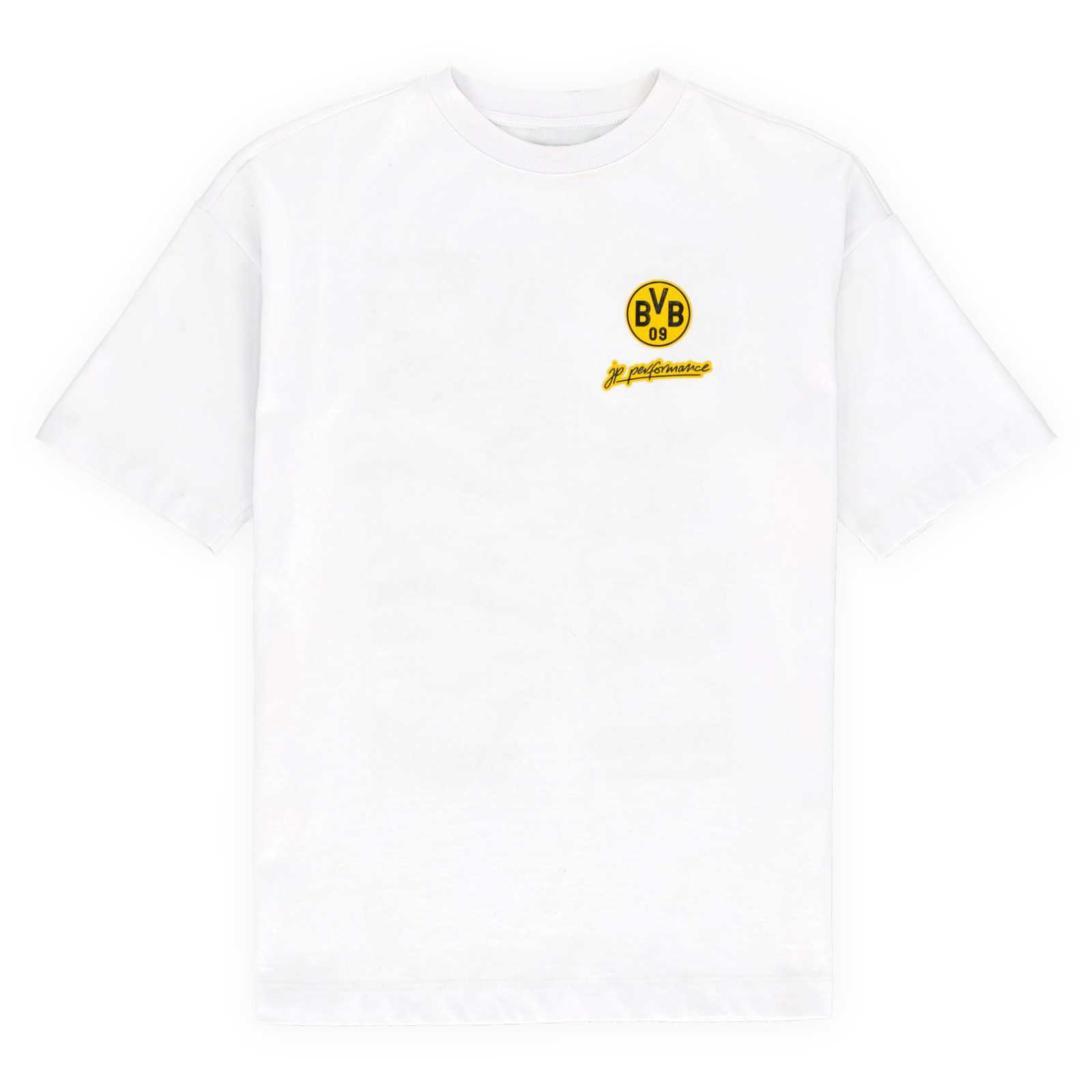 Vorderansicht des weißen Shirts mit BVB-Logo und JP Performance Schriftzug auf der Brust.