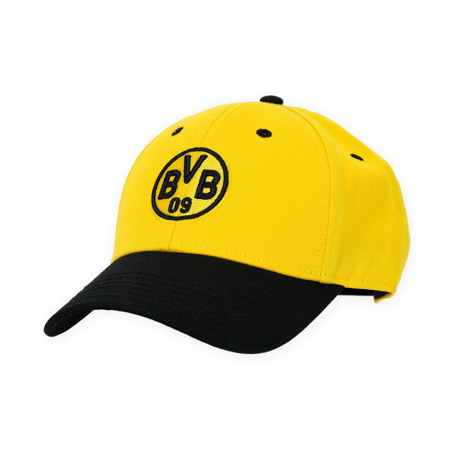 Vorderansicht der gelben Kappe mit schwarzem Schirm mit BVB-Emblem über dem Schirm