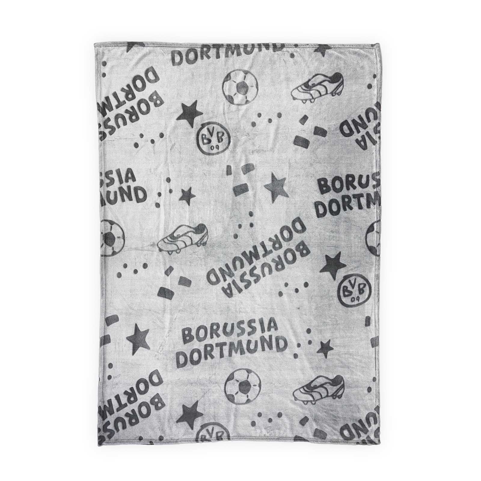 Obere Seite der grauen Fleecedecke mit Fußball-Motiven in Schwarz – darunter das BVB-Logo, ein Fußballschuh, ein Fußball und der „Borussia Dortmund“-Schriftzug.