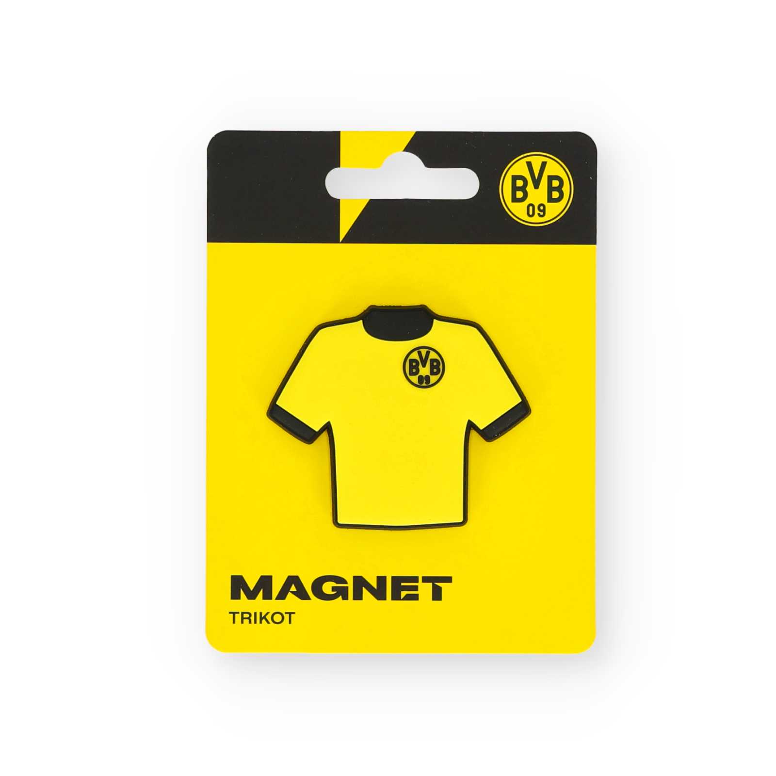 Vorderansicht der Verpackung mit BVB-Magnet in Trikotform mit BVB-Logo auf der Brust.