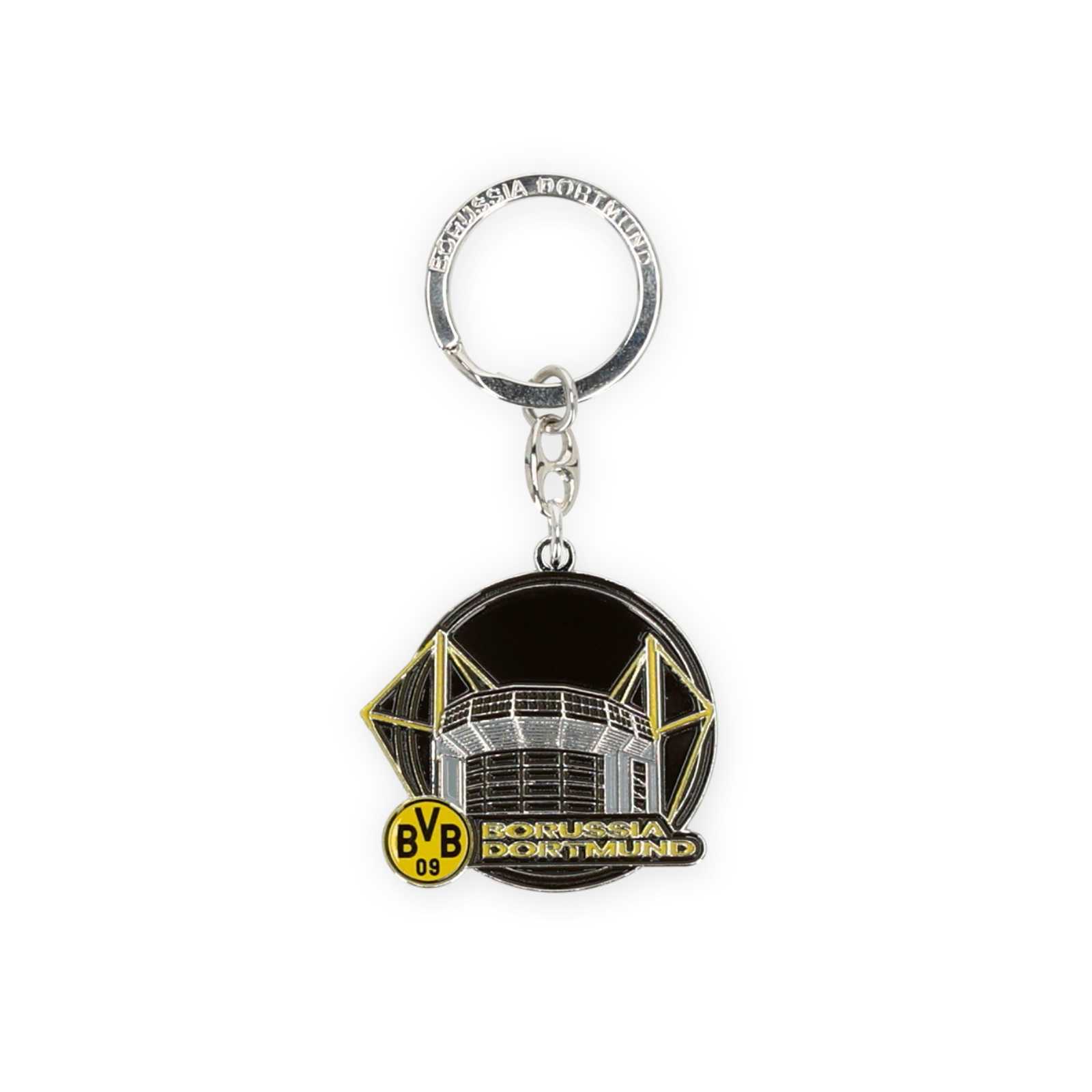 Vorderansicht des Schlüsselanhängers mit der Abbildung einer Stadionecke, dem BVB-Emblem und dem Schriftzug Borussia Dortmund vor einem runden Hintergrund