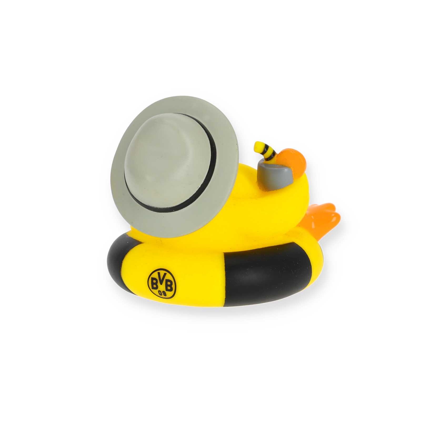 Rückansicht der gelben Badeente, die mit grauem Hut in einem schwarzgelbem Schwimmring mit BVB-Emblem sitzt