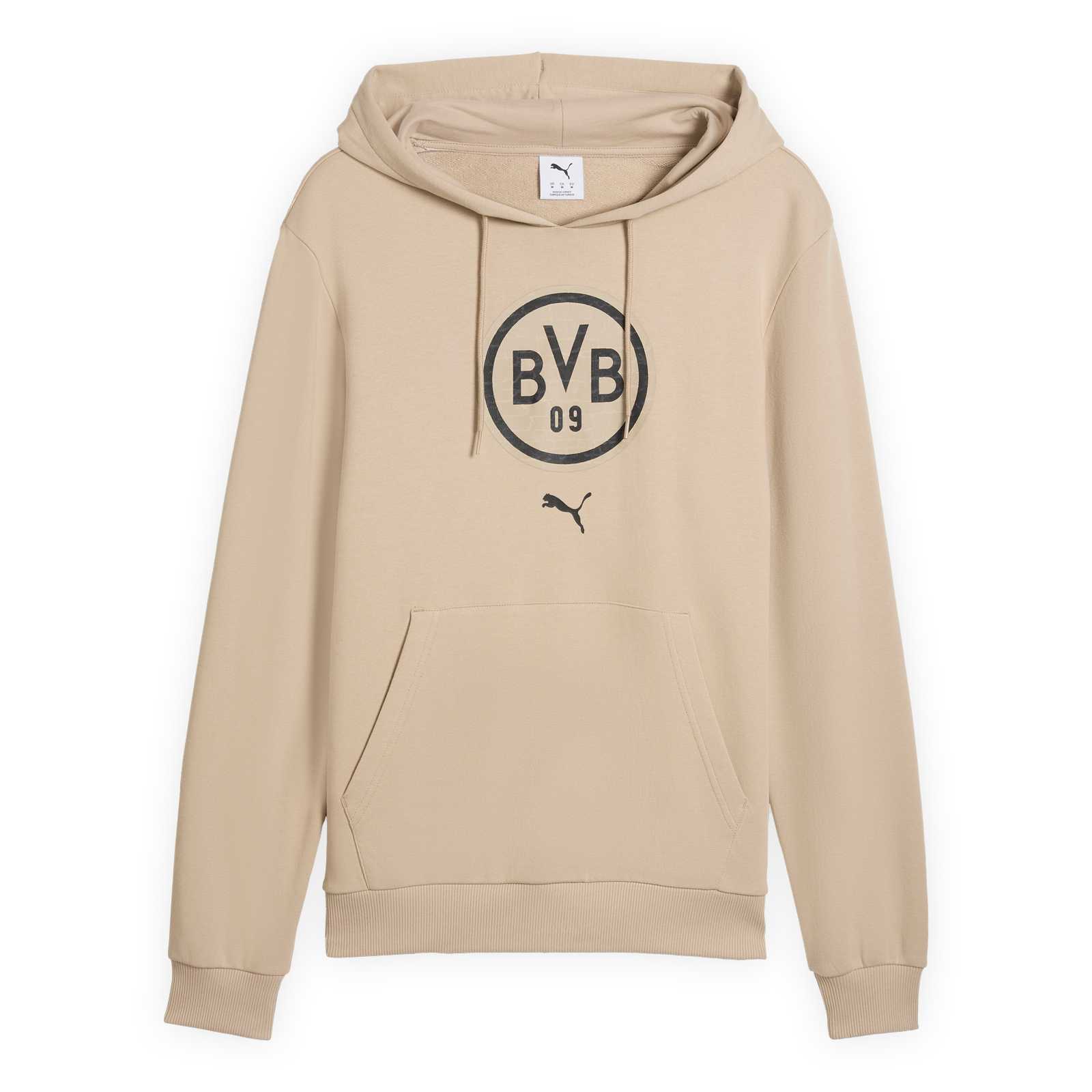 Vorderansicht des BVB-Hoodies in beige mit Retro-BVB-Logo und PUMA-Katze auf der Brust.