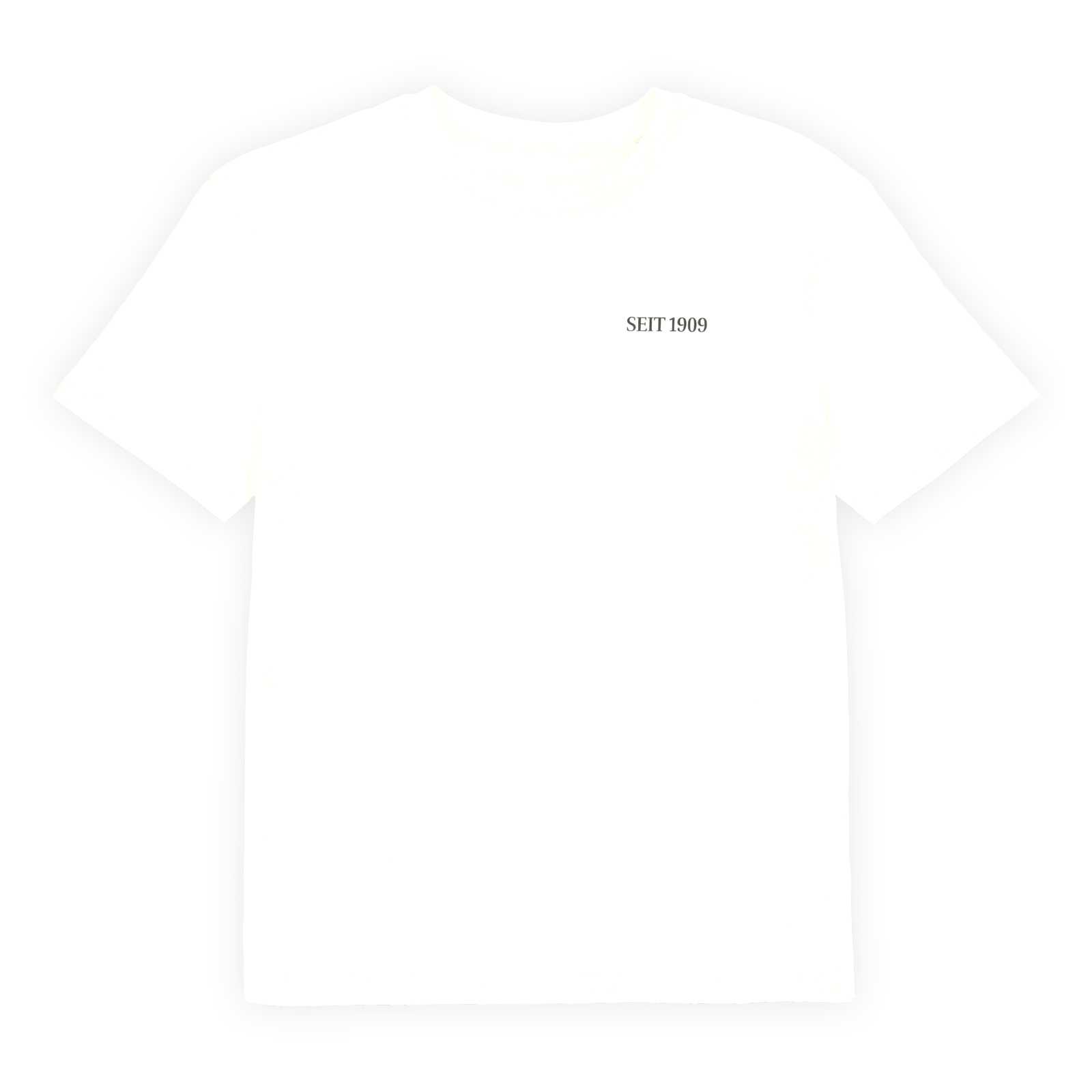 Die Vorderansicht des weißen T-Shirts mit schwarzem Seit 1909 Aufdruck auf der Brust