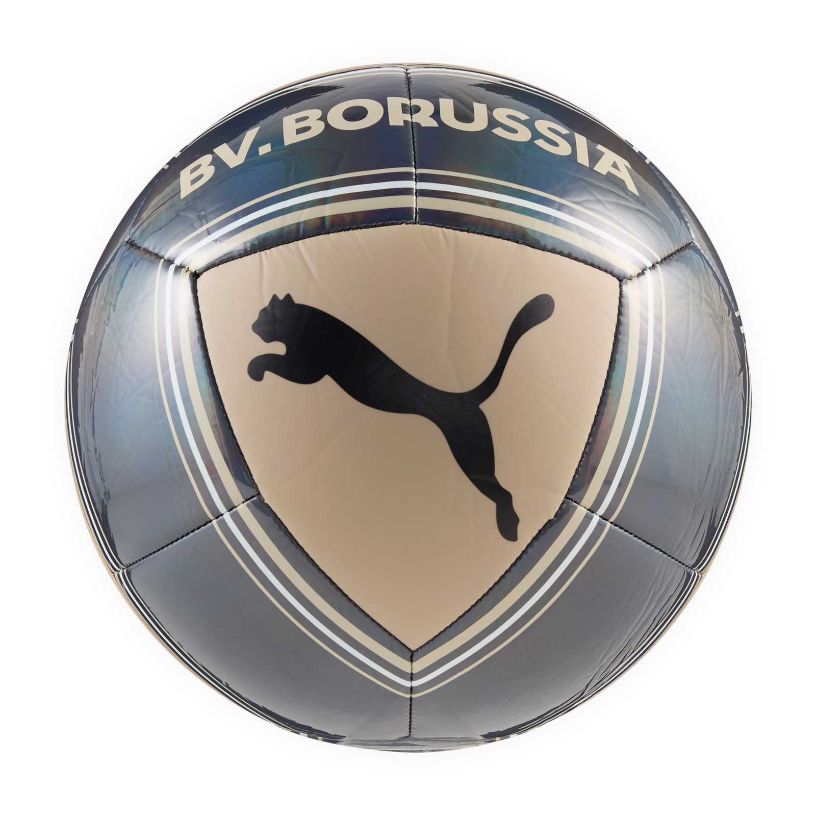 Fußball in beige und Silber mit PUMA-Katze in schwarz.