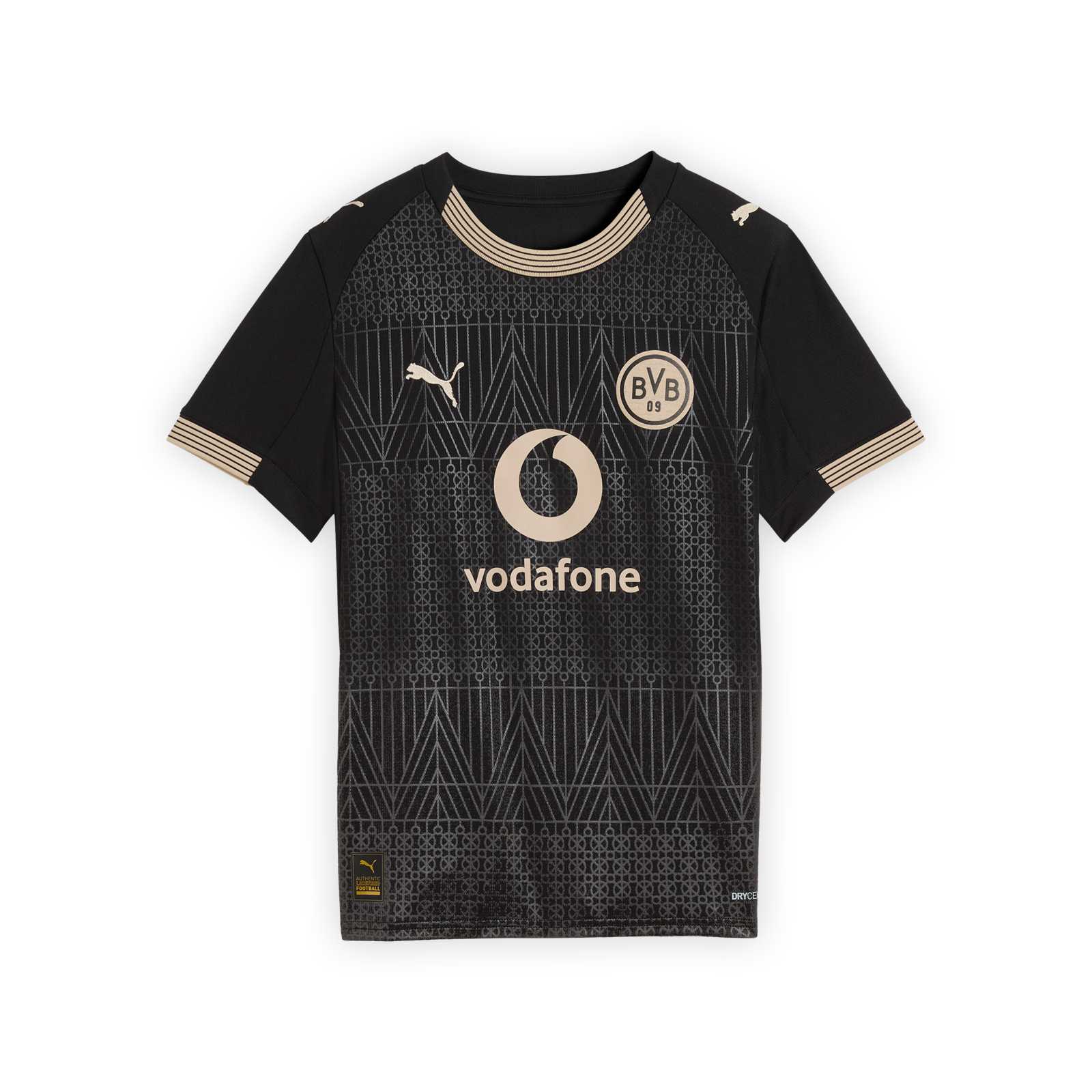 Die Vorderansicht des schwarzen Sondertrikots mit PUMA-Katze, Vodafon-Logo und BVB-Emblem in beige.
