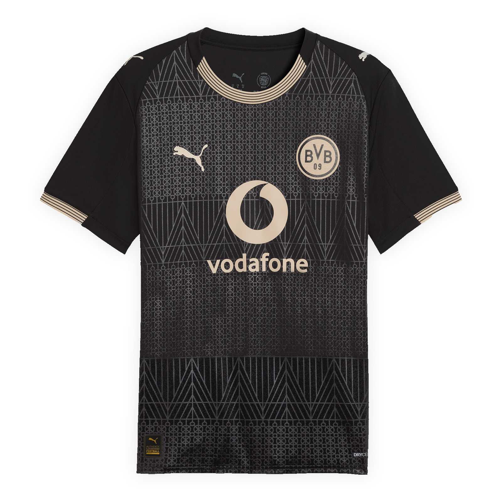 Die Vorderansicht des schwarzen Sondertrikots mit PUMA-Katze, Vodafon-Logo und BVB-Emblem in beige.