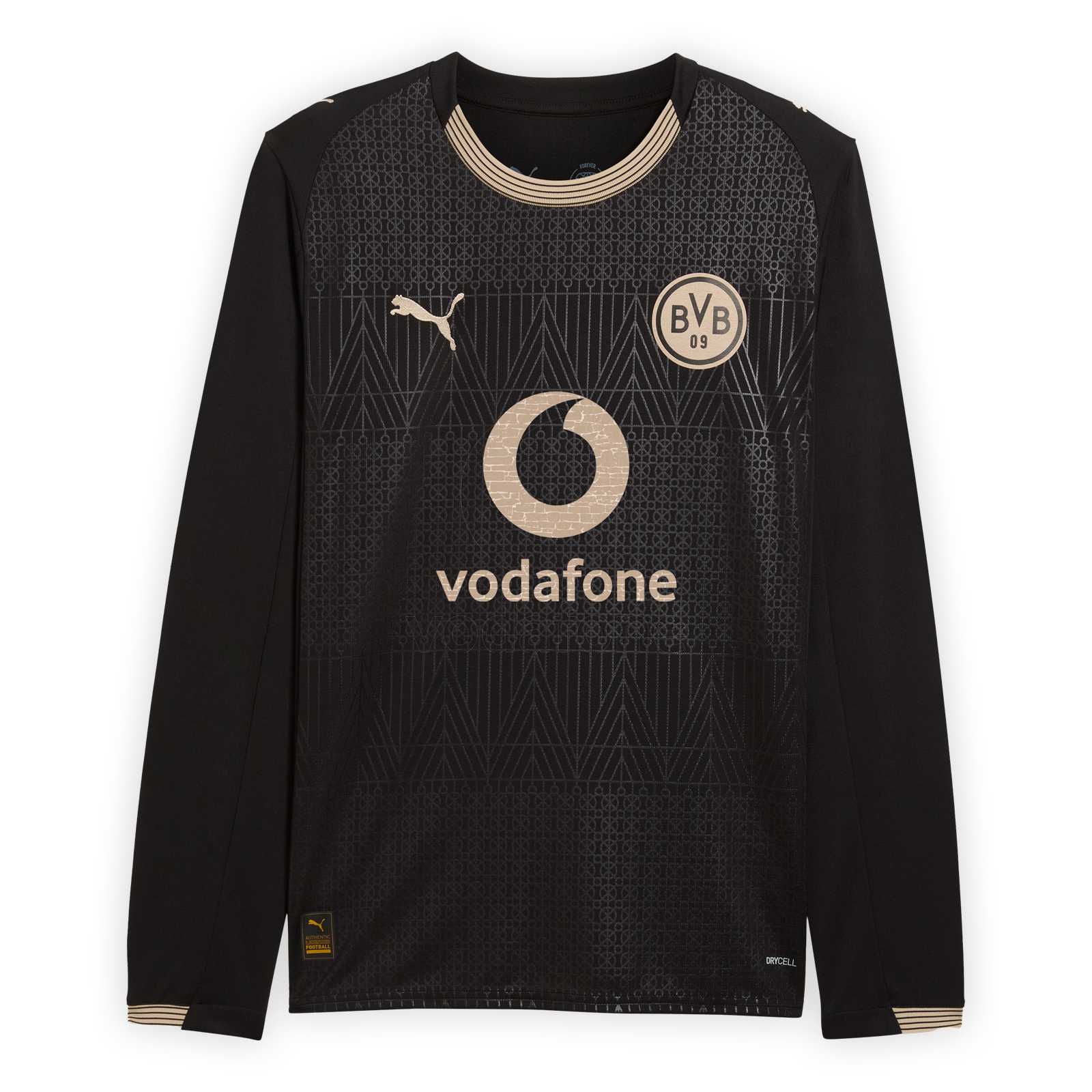 Die Vorderansicht des schwarzen Sondertrikots mit PUMA-Katze, Vodafon-Logo und BVB-Emblem in beige.