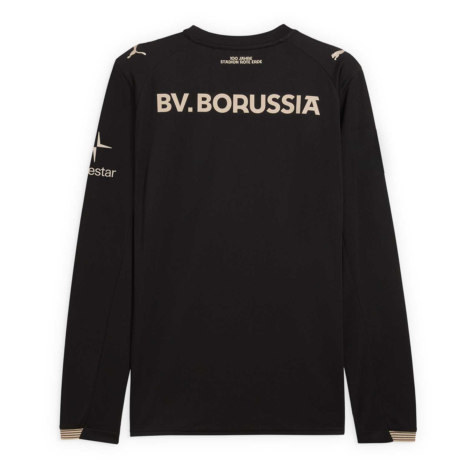 Die Rückansicht des schwarzen Sondertrikots mit BV. Borussia Schriftzug in beige