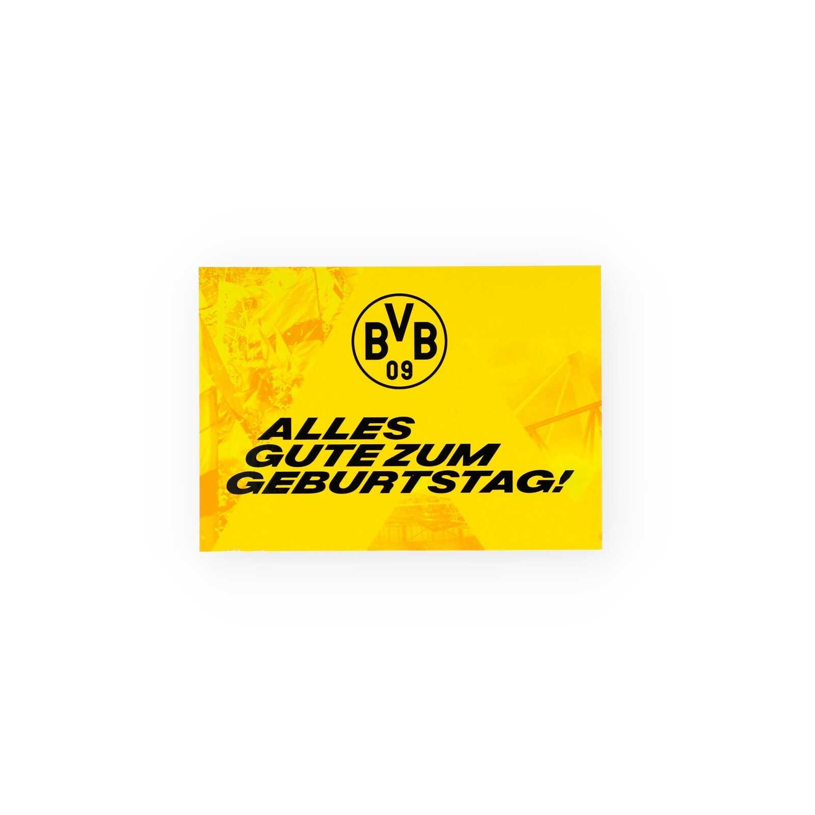 Vorderansicht der gelben BVB-Geburtstagskarte mit Logo und Aufschrift: Alles Gute zum Geburtstag!
