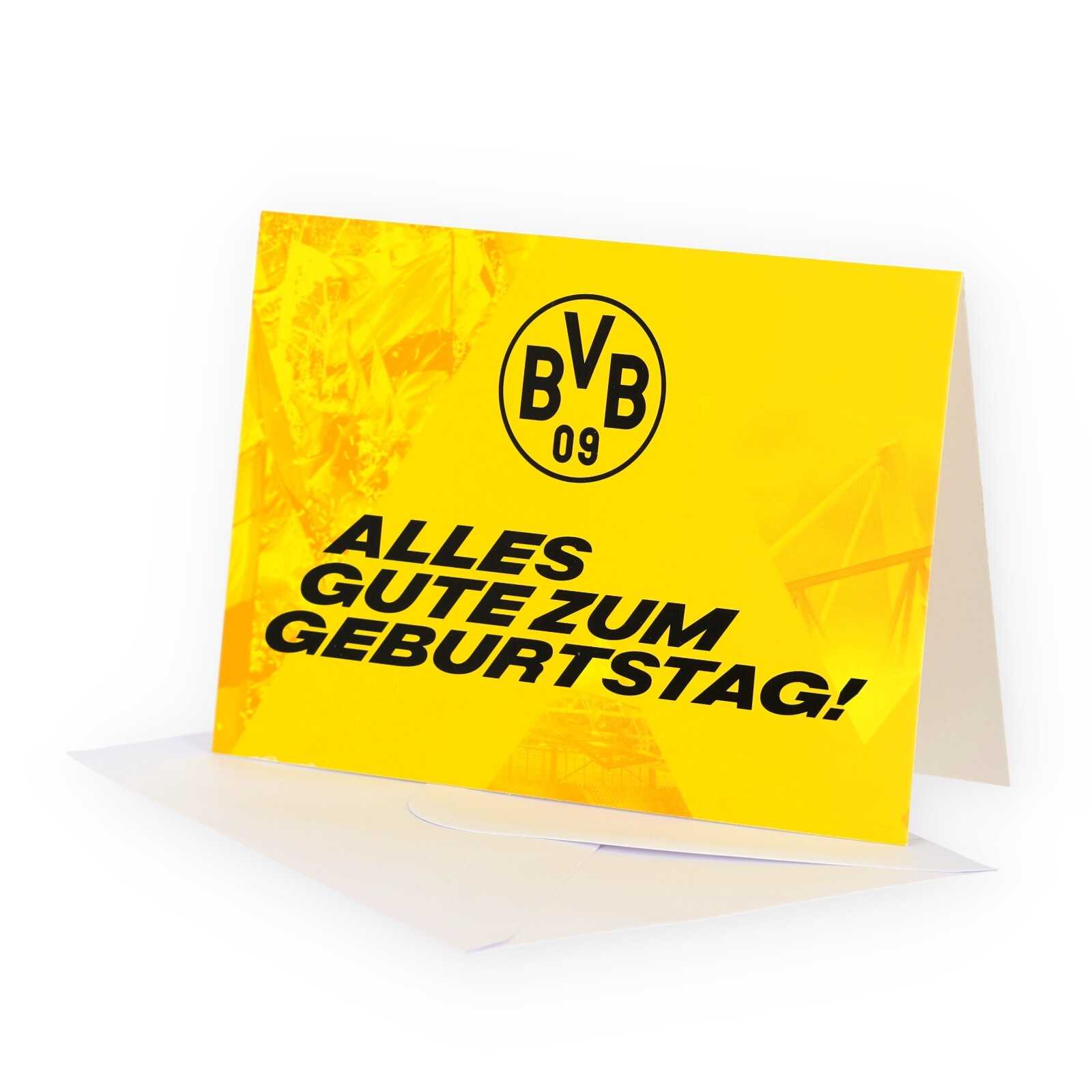Vorderansicht der leicht geöffneten BVB-Geburtstagskarte mit Logo und Aufschrift: Alles Gute zum Geburtstag!