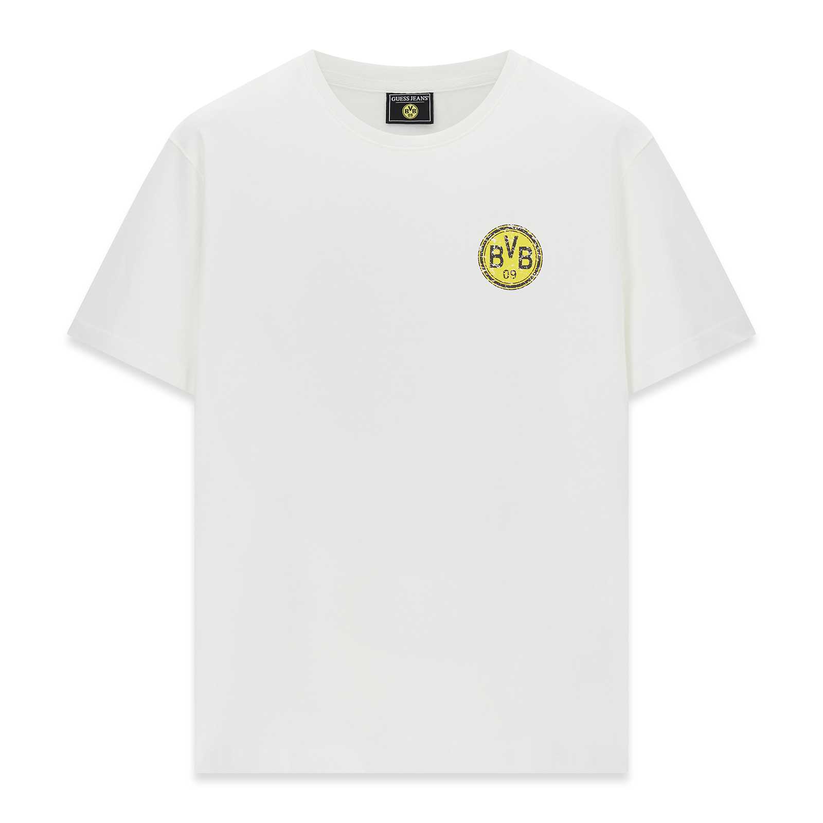 Vorderansicht des weißen BVB-Shirts mit Retro-Logo auf der linken Brust.